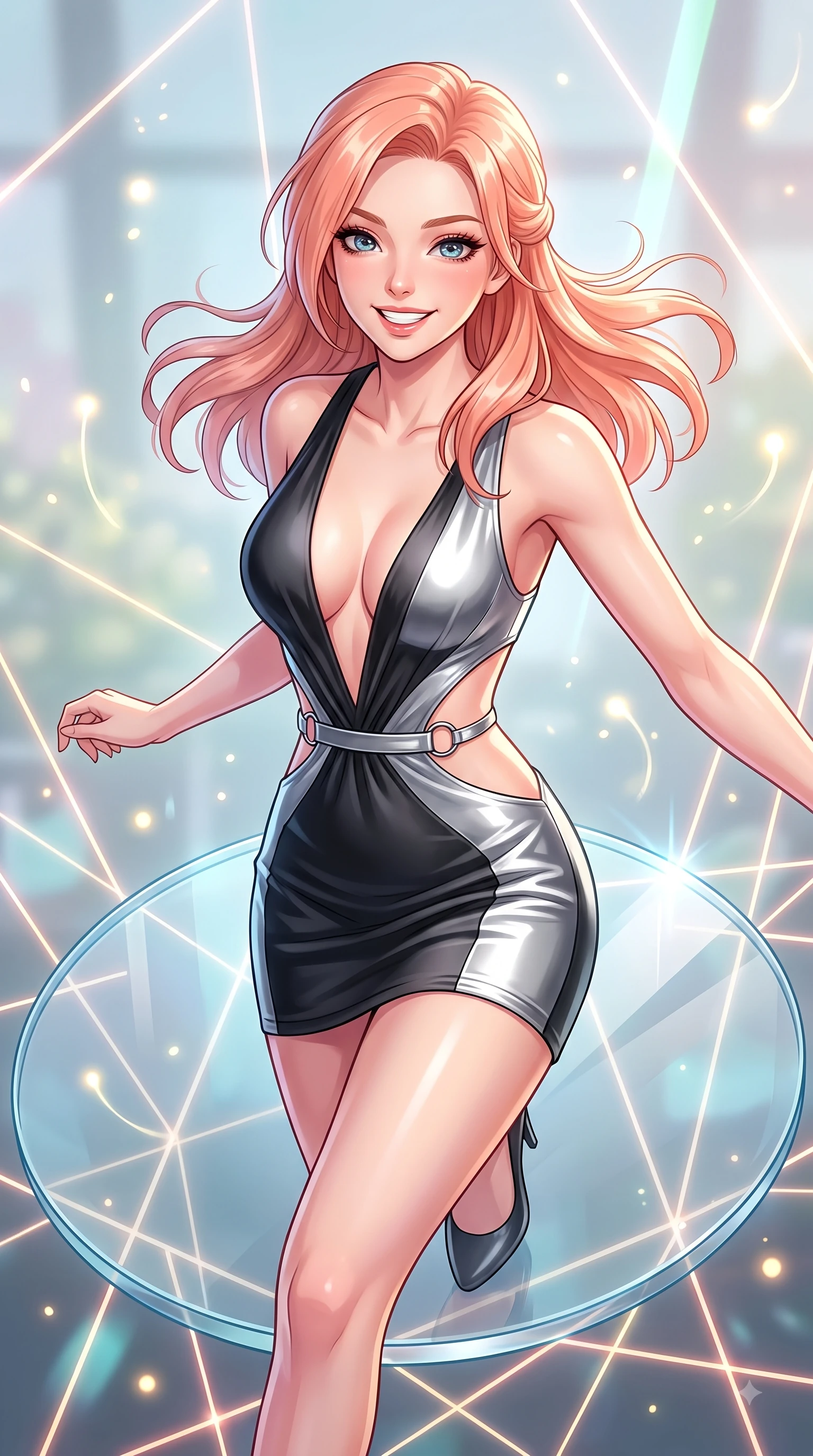 score_9, masterpiece, best quality, ultra-detailed, high-budget anime keyframe, editorial fashion photography, tasteful artistic composition, Japanese woman. close-up cowboy shot from the waist and thighs up, the character dominates the composition, filling the frame with her large presence, background elements kept in soft focus. Gazing directly into the camera with a joyful, infectious smile as her torso curves dynamically in mid-stride while leaping across a floating glass disk inside a geometric light matrix with a beaming face, glowing fiber optic motes drifting like fireflies in the cheerful background. She has an exceptionally elegant, slender, and willowy female figure with an ultra-slim waist, a gracefully sculpted slender torso, and a refined silhouette. sharp v-shaped jawline, high-bridge nose, intricate jewel-like eyes with depth, thick eyelashes, glossy lips with a natural sheen, flawlessly proportioned anatomical accuracy, natural body alignment, perfectly sculpted elegant limbs, clean dynamic posture without body distortion. wearing a liquid mercury gloss mini dress with ultra-deep V-neck and waist cutouts in matte black and polished silver, crafted from lustrous satin jersey with fluid draping, accented with delicate chrome ring hardware framing her waist, the sleek second-skin texture accentuating her magnetic presence. bathed in sharp geometric laser grid highlights and soft airy ambient fill. highly saturated vibrant anime colors, detailed shading with soft gradients, rich glossy textures, high-contrast stereoscopic depth, volumetric dynamic lighting, master piece, 9:16 ratio