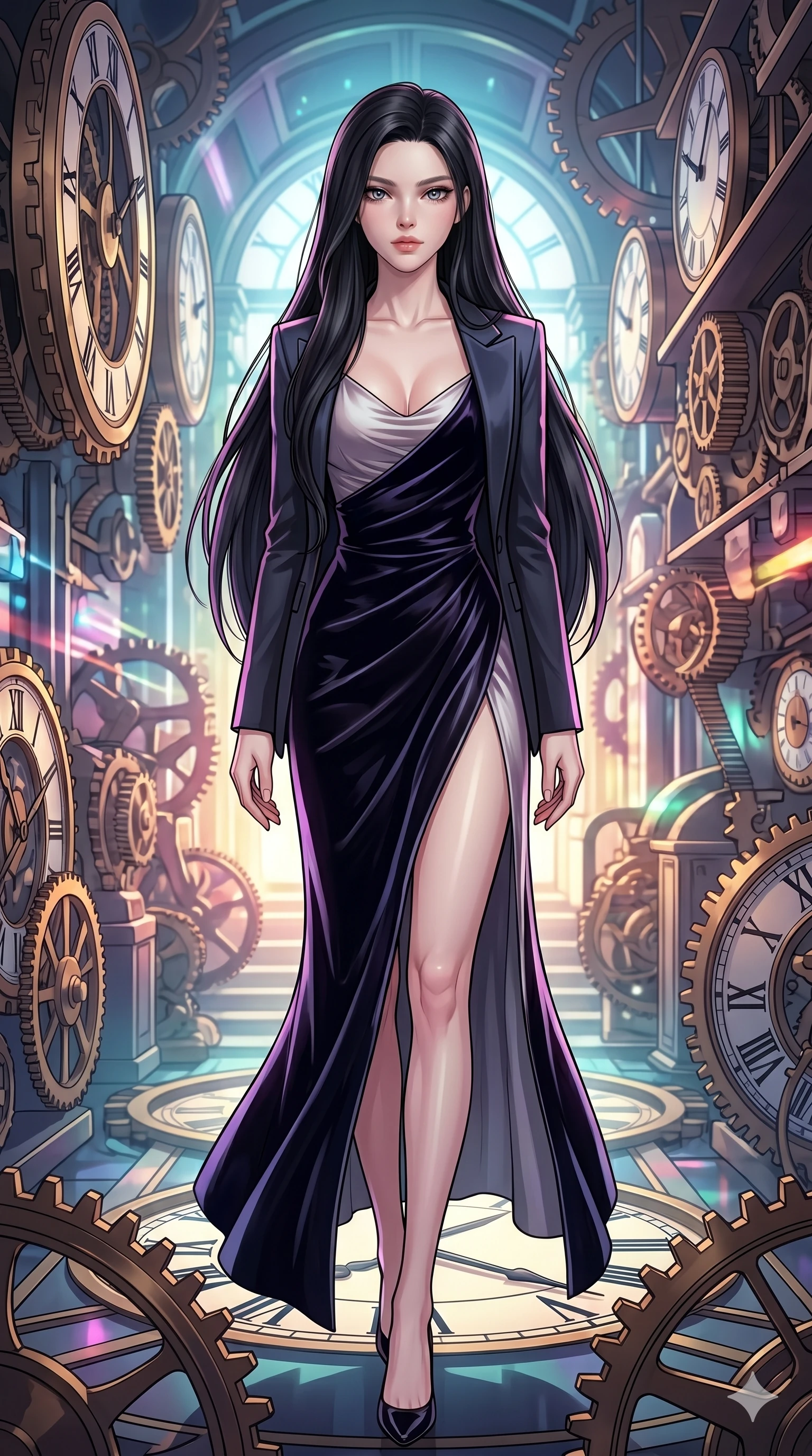 score_9, masterpiece, best quality, ultra-detailed, high-budget anime movie keyframe, cinematic anime lighting, intricate line art, Korean anime girl. Dynamic full-body shot stretching the vertical silhouette with extreme perspective. gliding through a hall of clocks, her motion slowing down time. She has an absolutely perfect 8-heads proportion, an exceptionally tall and slender female figure with an ultra-slim waist and impossibly long slender legs. strictly human anatomy, two legs only, no extra limbs, clearly defined legs and arms, perfect anatomy, perfect hands and fingers. sharp v-shaped jawline, high-bridge nose, intricate jewel-like eyes, thick eyelashes, glossy lips. Wearing High-Fashion Editorial: Silk slip dress with high side slit, backless velvet gown, and structured blazer with nothing underneath. The scene is illuminated by dramatic atmospheric lighting and vibrant color palettes. , 2k, ultra detail, master piece, 9:16 ratio