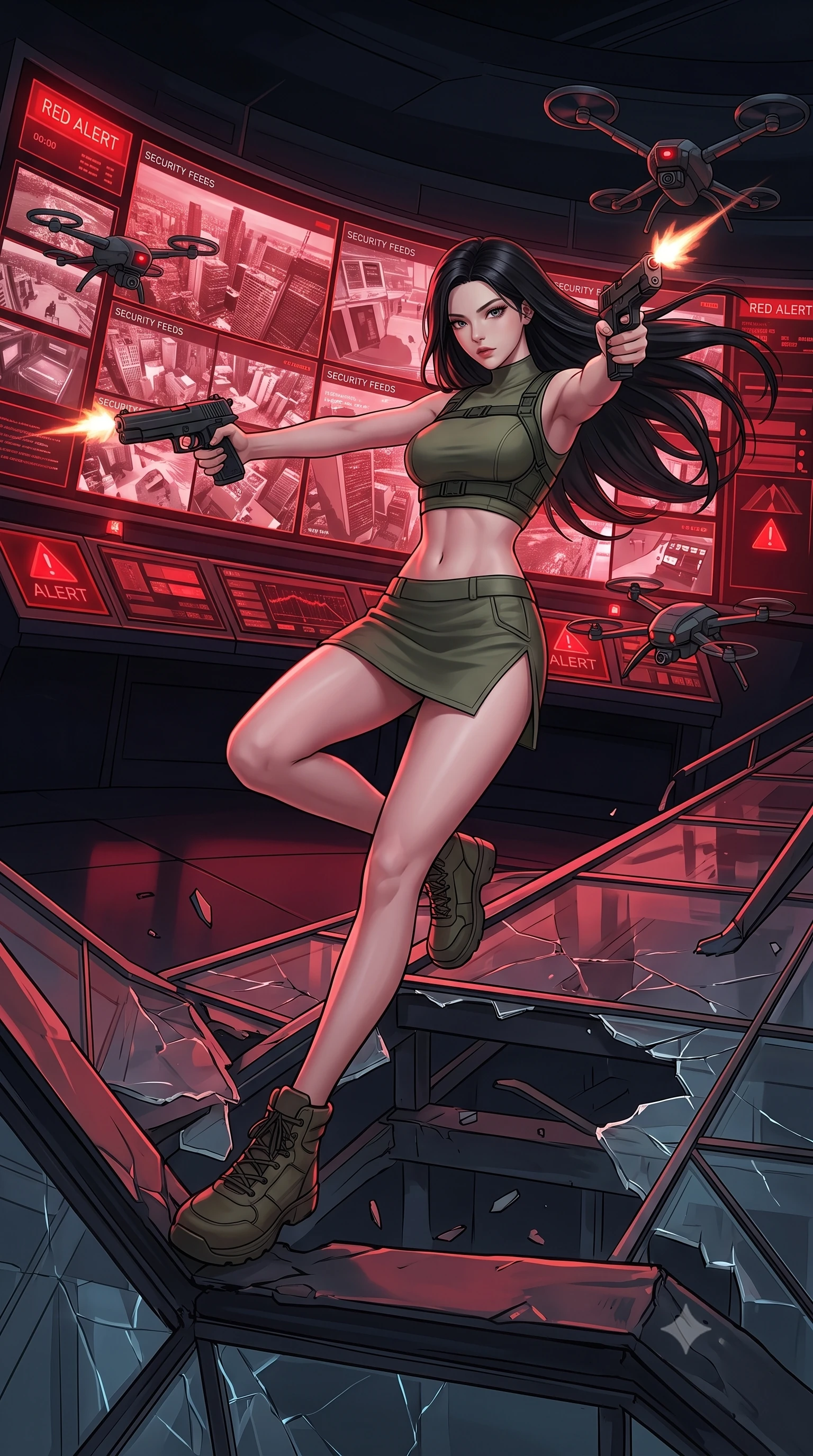 score_9, masterpiece, best quality, ultra-detailed, high-budget anime keyframe, editorial fashion photography, tasteful artistic composition, Korean woman. low angle full-body shot from head to toe showing her feet, filling the entire 9:16 vertical frame with her statuesque presence, stretching her vertical silhouette. leaping dynamically off a collapsing sky-bridge while firing back at security drones through a dark command center with a giant curved screen showing real-time security camera feeds of the megacity. She has a statuesque 8.5-heads proportion, an exceptionally tall, slender and willowy model-like build with impossibly long legs and a highly sculpted ultra-slim waist. sharp v-shaped jawline, high-bridge nose, intricate jewel-like eyes with depth, thick eyelashes, glossy lips with a natural sheen. wearing tailored for maximum mobility, sleek form-contouring panels that allow fluid movement, a slim-fit tactical spy crop top in olive green, paired with a low-rise matching mini skirt featuring a high side thigh slit. highly saturated vibrant anime colors, intense vivid color palette, soft 3D volumetric shading, volumetric dynamic lighting, red alert indicators flashing on panels, casting sweeping red shadows. 2k, ultra detail, master piece, 9:16 ratio