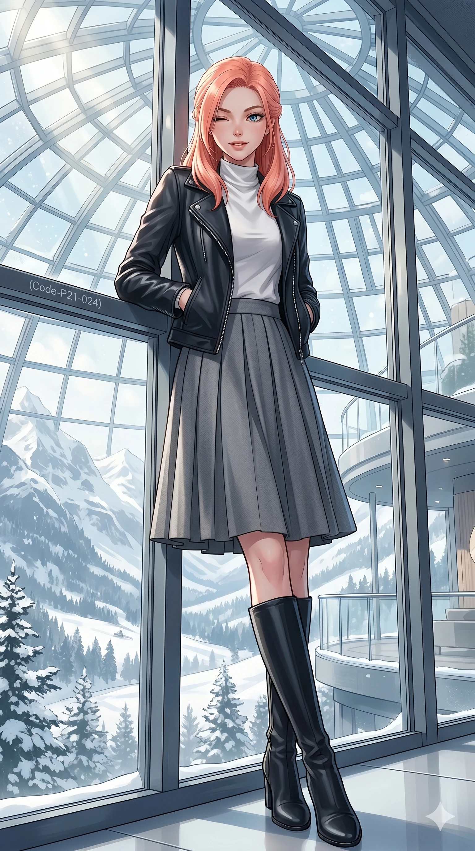 score_9, masterpiece, best quality, ultra-detailed, high-budget anime keyframe, vibrant anime aesthetic, Japanese woman. low angle full-body shot from head to toe showing her feet, filling the entire 9:16 vertical frame with her statuesque presence, stretching her vertical silhouette. She is leaning against a boutique window, winking with a playful and lively expression inside a modern architecture glass dome showing a snow-covered valley (Code-P21-024). She has an absolutely perfect 8-heads proportion, an exceptionally tall and slender female figure with impossibly long slender legs and an ultra-slim waist. V-shaped jawline, high-bridge nose, intricate jewel-like eyes with depth, thick eyelashes, glossy lips with a natural sheen. wearing a black leather jacket over a high-neck silk top and skirt in winter. She is bathed in soft morning sunbeams filtered through the winter forest mist, creating a serene aura. 2k, ultra detail, master piece, 9:16 ratio