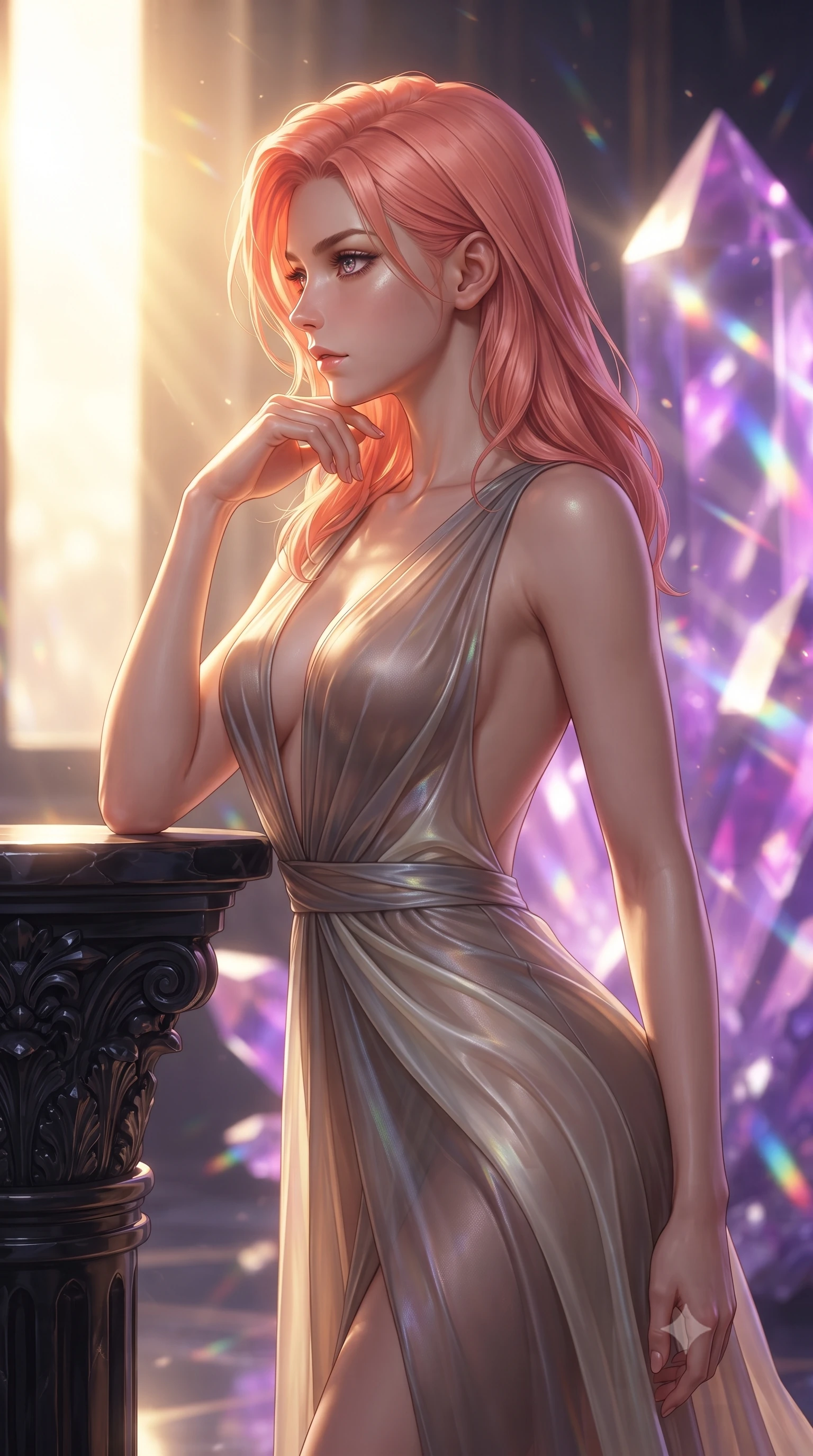 score_9, masterpiece, best quality, ultra-detailed, high-budget anime keyframe, editorial fashion photography, tasteful artistic composition, Japanese woman. close-up cowboy shot from the waist and thighs up, the character dominates the composition, filling the frame with her large presence, background elements kept in soft focus. Turning her face in sharp dramatic profile against the bright light, showcasing her sharp v-shaped jawline resting on a carved obsidian altar surrounded by radiant crystal shards, massive violet and magenta crystal facets scattering prismatic light rays. She has an exceptionally elegant, slender, and willowy female figure with an ultra-slim waist, a gracefully sculpted slender torso, and a refined silhouette. sharp v-shaped jawline, high-bridge nose, intricate jewel-like eyes with depth, thick eyelashes, glossy lips with a natural sheen. wearing a translucent iridescent chiffon gown with a plunging neckline and open back in muted taupe and soft ivory, crafted from lustrous satin jersey with fluid draping, accented with a Tasteful chest slit framing her clavicle gracefully, the form-contouring material highlighting her ultra-slim waist and long lines. lit by warm golden sunlight colliding with cool violet crystal illumination. ultra-reflective glossy finish, specular highlights, metallic sheen, high-contrast stereoscopic depth, volumetric dynamic lighting, 2k, ultra detail, master piece, 9:16 ratio