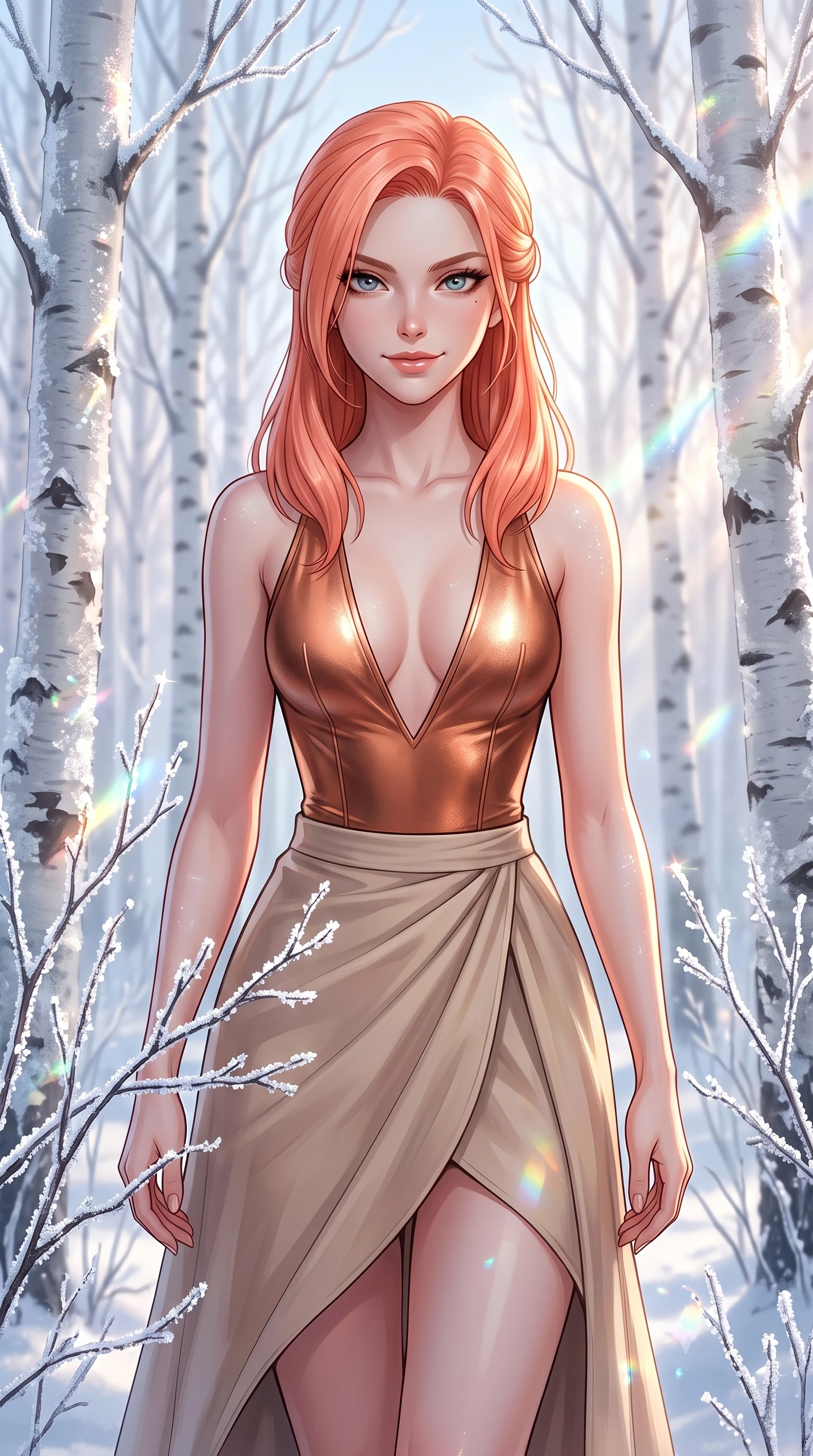 score_9, masterpiece, best quality, ultra-detailed, high-budget anime keyframe, editorial fashion photography, tasteful artistic composition, Japanese woman. close-up cowboy shot from the waist and thighs up, the character dominates the composition, filling the frame with her large presence, background elements kept in soft focus. Exhibiting a confident, playful smirk directly into the camera. set against a soft-focus background of walking through a quiet white birch grove where every twig is coated in a thick layer of crystal frost at sunrise. She has an exceptionally elegant, slender, and willowy female figure with a highly-defined ultra-slim waist, a gracefully sculpted slender torso, and a refined slim-fit silhouette that contours her form. sharp v-shaped jawline, high-bridge nose, intricate jewel-like eyes with depth, thick eyelashes, glossy lips with a natural sheen. wearing a metallic copper bodysuit with a deep V-cut front, paired with a flowing beige asymmetrical wrap skirt. cold morning sunbeams cutting through the birch trees, creating a sparkling prismatic glare on the frosted forest. 2k, ultra detail, master piece, 9:16 ratio