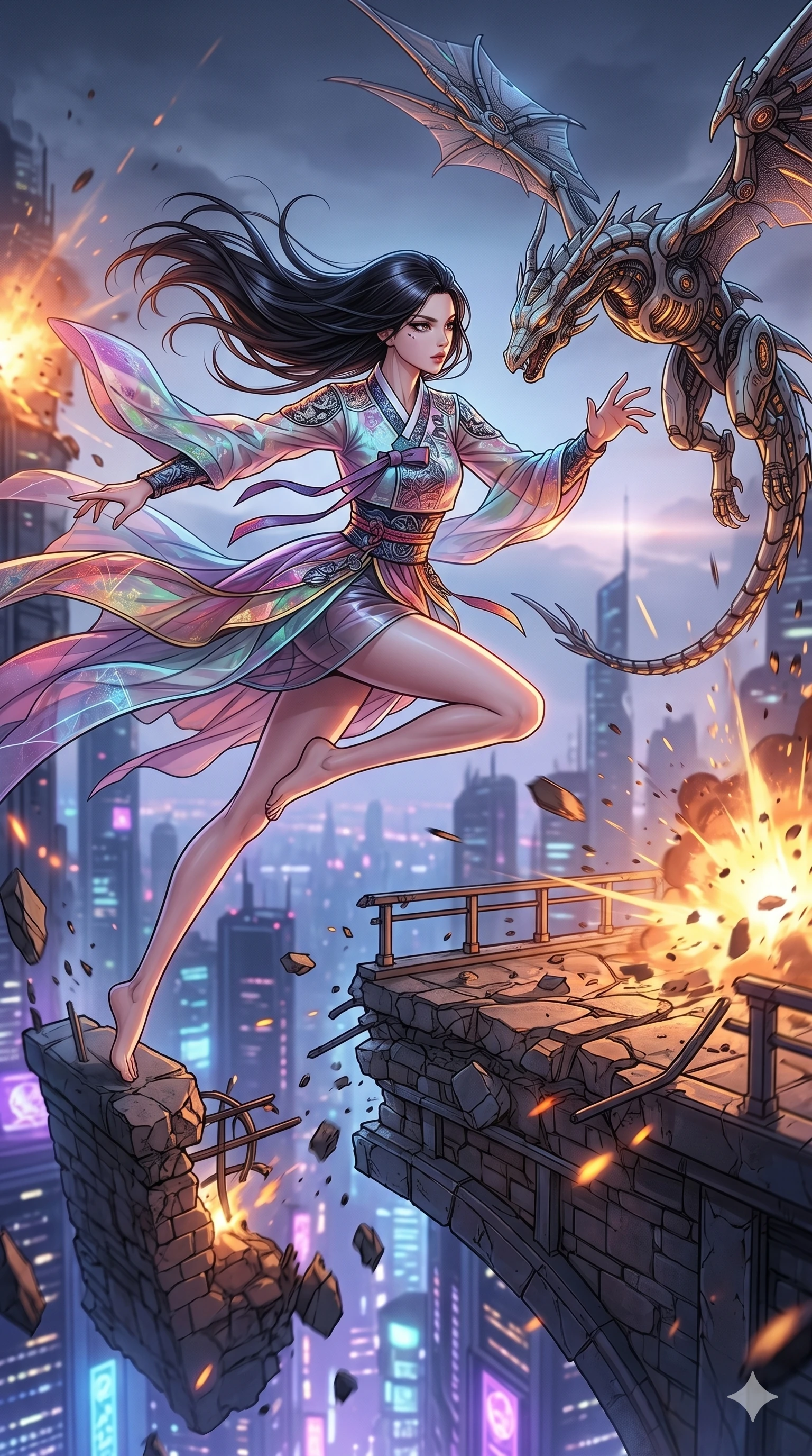 score_9, masterpiece, best quality, ultra-detailed, high-budget anime movie keyframe, cinematic anime lighting, intricate line art, Japanese woman. Low angle cowboy shot capturing a powerful motion and statuesque presence. leaping from a crumbling bridge onto a flying dragon-drone. She has an absolutely perfect 8-heads proportion, an exceptionally tall and slender female figure with an ultra-slim waist and impossibly long slender legs. strictly human anatomy, two legs only, no extra limbs, clearly defined legs and arms, perfect anatomy, perfect hands and fingers. sharp v-shaped jawline, high-bridge nose, intricate jewel-like eyes, thick eyelashes, glossy lips. Wearing Modern Traditional: Shortened cyber-hanbok with fusion silk robes and transparent panels. The scene is illuminated by dramatic atmospheric lighting and vibrant color palettes. , 2k, ultra detail, master piece, 9:16 ratio