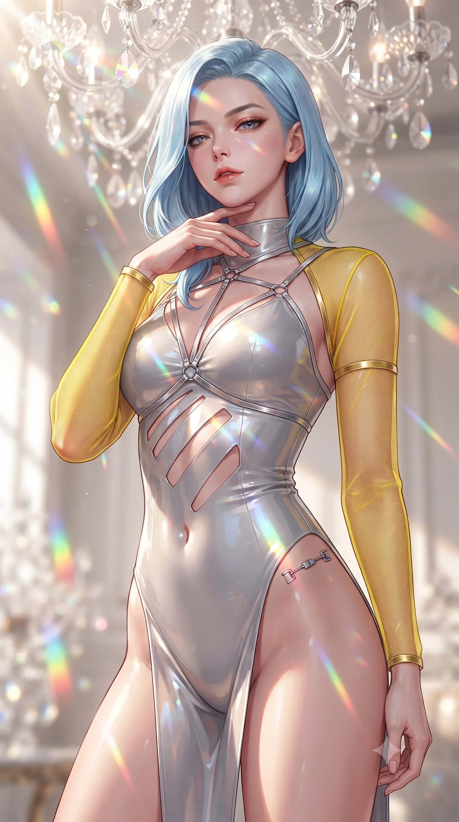 score_9, masterpiece, best quality, ultra-detailed, high-budget anime keyframe, editorial fashion photography, tasteful artistic composition, Korean woman. close-up cowboy shot from the waist and thighs up, the character dominates the composition, filling the frame with her large presence. resting her fingers lightly against her throat while looking down with a smoldering, haughty yet intensely captivating glance while pausing beneath a crystal chandelier refracting sunlight into dazzling rainbow rays across her skin. The composition keeps background elements in soft focus with creamy bokeh. vibrant rainbow spectrum light beams and crystal facets blurred into dazzling prismatic bokeh. She has an exceptionally elegant, slender, and willowy female figure with an ultra-slim waist, a gracefully sculpted slender torso, toned flat midriff, and a refined slim silhouette. sharp v-shaped jawline, high-bridge nose, intricate jewel-like eyes with depth, thick eyelashes, glossy lips with a natural sheen, flawlessly proportioned anatomical accuracy, strict slender model proportions, natural body alignment, perfectly sculpted long slender limbs, ultra-slim waistline, clean dynamic posture without body distortion. wearing an ultra-sleek high-cut tech-bodysuit featuring dangerous diagonal slitted cutouts on the midriff and shoulders, reinforced by a metallic silver harness and sheer mesh sleeves in vibrant sunburst canary yellow and gold trim, crafted from ultra-reflective second-skin latex with a high-gloss glass-like polish, finished with an ultra-high side slit secured by miniature magnetic clasps, the form-contouring material adhering flawlessly to her sculpted flat midriff and slender torso, emphasizing her long leg lines and perfectly proportioned willowy build. surrounded by a hyper-creative, radiant, and fiercely chic modern fashion editorial aura. ultra-reflective glossy finish, specular highlights, metallic sheen, high-contrast stereoscopic depth, volumetric dynamic lighting, 2k, ultra detail, master piece, 9:16 ratio