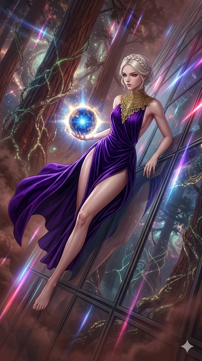 score_9, masterpiece, best quality, ultra-detailed, Set A: High-budget Anime Keyframe, Korean woman. Low angle cowboy shot filling the entire 9:16 frame with her statuesque presence. Theme: Abstract Cosmic. sliding down a glass skyscraper in a giant 