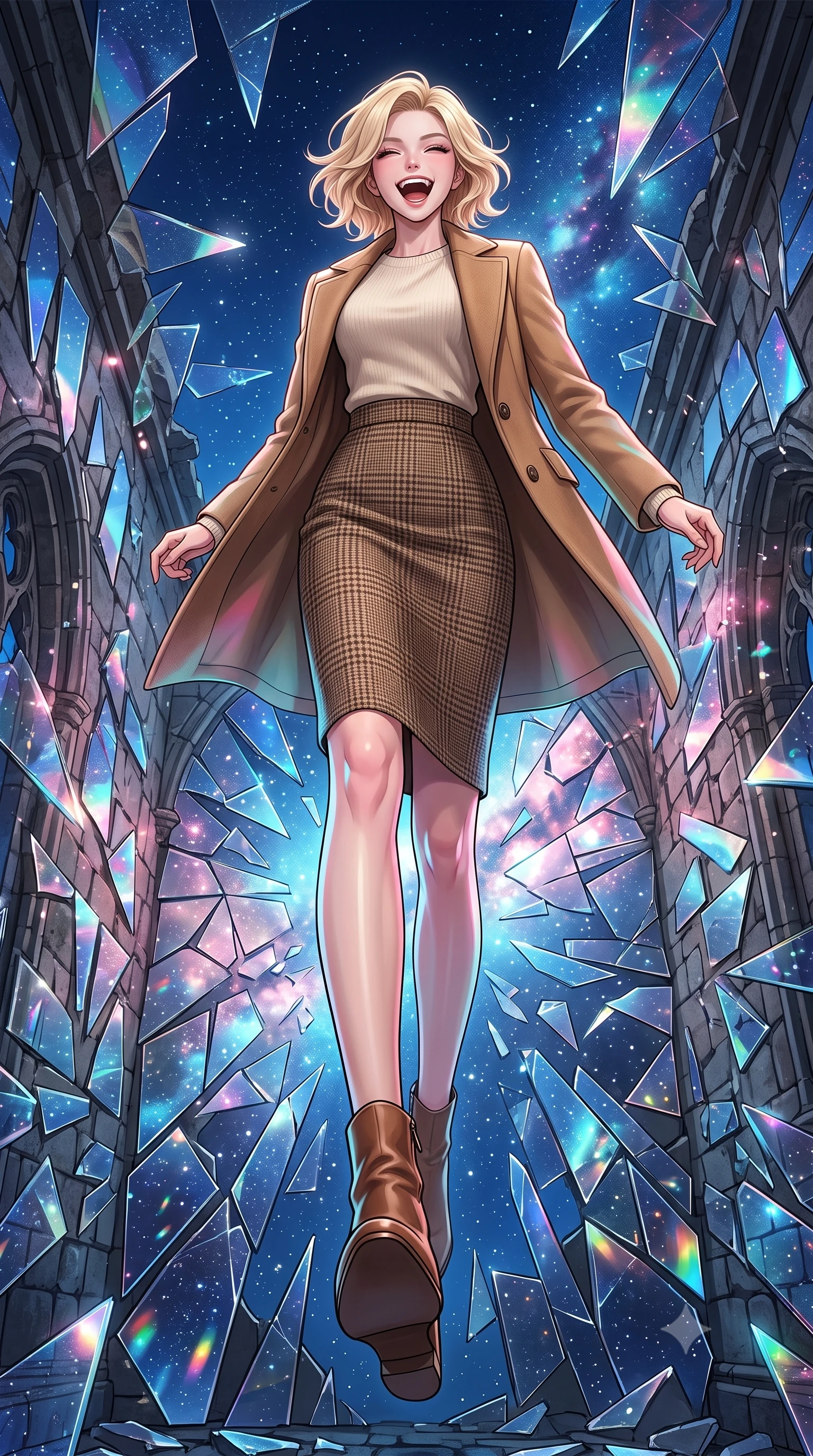 score_9, masterpiece, best quality, ultra-detailed, high-budget anime keyframe, editorial fashion photography, tasteful artistic composition, Caucasian woman, strictly human ears. low angle full-body shot from head to toe showing her feet, filling the entire 9:16 vertical frame with her statuesque presence, stretching her vertical silhouette. vaulting dynamically with an energetic laugh through standing inside an ancient Gothic ruin where the walls are made of shattered mirror shards, reflecting fragmented pieces of a deep blue sky. She has a statuesque 8.5-heads proportion, an exceptionally tall, slender and willowy model-like build with impossibly long legs and a highly sculpted ultra-slim waist. sharp v-shaped jawline, high-bridge nose, intricate jewel-like eyes with depth, thick eyelashes, glossy lips with a natural sheen. wearing a tailored camel hair coat over a soft cream knit top and a brown check wool pencil skirt. starlight and nebula glow casting soft cosmic pink and cyan highlights on her form. 2k, ultra detail, master piece, 9:16 ratio