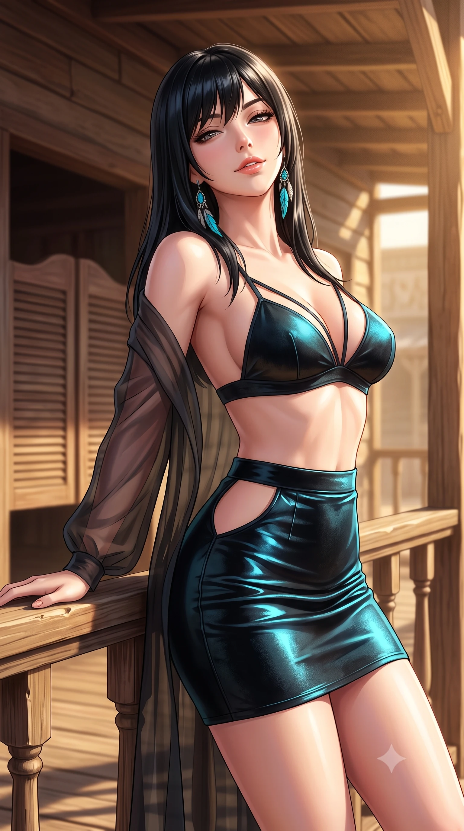 score_9, masterpiece, best quality, ultra-detailed, high-budget anime keyframe, semi-realistic 3D game render, editorial fashion photography, tasteful artistic composition, Caucasian woman. close-up cowboy shot from the waist and thighs up, the character dominates the composition, filling the frame with her large presence. leaning back against the balustrade with relaxed seductive grace, head tilted back slightly while casting a hypnotic, heavy-lidded gaze while twisting her slender torso in an alluring contrapposto stance, dry desert breeze molding her form-fitting outfit to her hourglass curves. The background shows a soft-focus vintage saloon swinging louver doors softened in authentic western shallow focus. She has an exceptionally elegant, slender, and willowy female figure with an ultra-slim waist, flat toned midriff, narrow ribcage, and sculpted feminine hips creating an alluring, slim hourglass silhouette without bulk. sharp v-shaped jawline, high-bridge nose, sparkling eyes with hypnotic seductive depth, thick curled eyelashes, glossy parted lips with a natural dewy peach sheen, alluring bedroom-eyes with an enchanting coquettish smile, exuding magnetic siren charisma and sophisticated glamour, flawlessly proportioned anatomical accuracy, strict slender model proportions, natural body alignment, perfectly sculpted long slender limbs, ultra-slim waistline, clean dynamic posture without body distortion. wearing a delicate sheer chiffon western duster robe slipping off bare shoulders over a matching strappy suede bralette in wet-look onyx black with electric cyan reflections, tailored from ultra-soft distressed suede with velvety hand-feel and rich shadow depth, accented with turquoise and silver bohemian feather earrings swaying near her bare neck, the precision-cut side openings and low-back scoop framing her graceful spine and the sensual sweep of her slim, toned hips. bathed in late afternoon golden sunlight filtering horizontally under the timber porch eaves. highly saturated vibrant anime colors, detailed shading with soft gradients, rich glossy textures, high-contrast stereoscopic depth, volumetric dynamic lighting, master piece, 9:16 ratio
