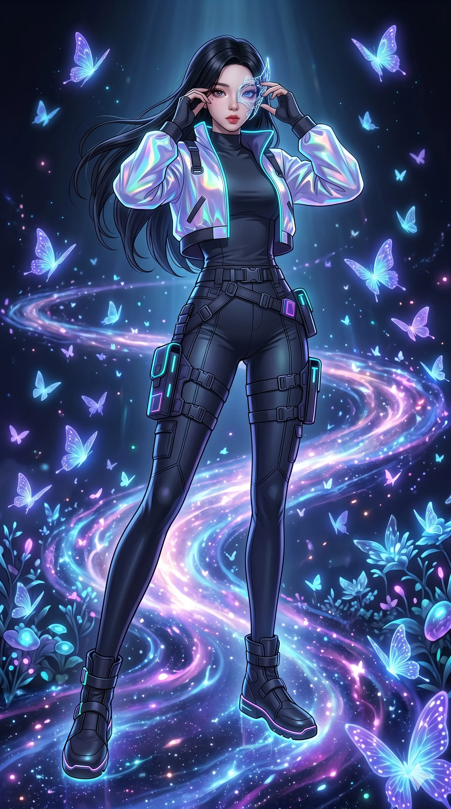 score_9, masterpiece, best quality, ultra-detailed, high-budget anime movie keyframe, cinematic anime lighting, intricate line art, Japanese woman. Low angle cowboy shot filling the entire 9:16 frame with her statuesque presence. adjusting a glowing mask in a celestial bridge made of light surrounded by glowing butterflies. She has an absolutely perfect 8-heads proportion, an exceptionally tall and slender female figure with an ultra-slim waist and impossibly long slender legs. sharp v-shaped jawline, high-bridge nose, intricate jewel-like eyes, thick eyelashes, glossy lips. Wearing modern urban tech-wear ensemble with a cropped reflective bomber jacket, ultra-slim high-waisted cargo leggings, and tactical harness with neon-lit pouches. The scene is illuminated by dramatic atmospheric lighting and vibrant color palettes. , 2k, ultra detail, master piece, 9:16 ratio
