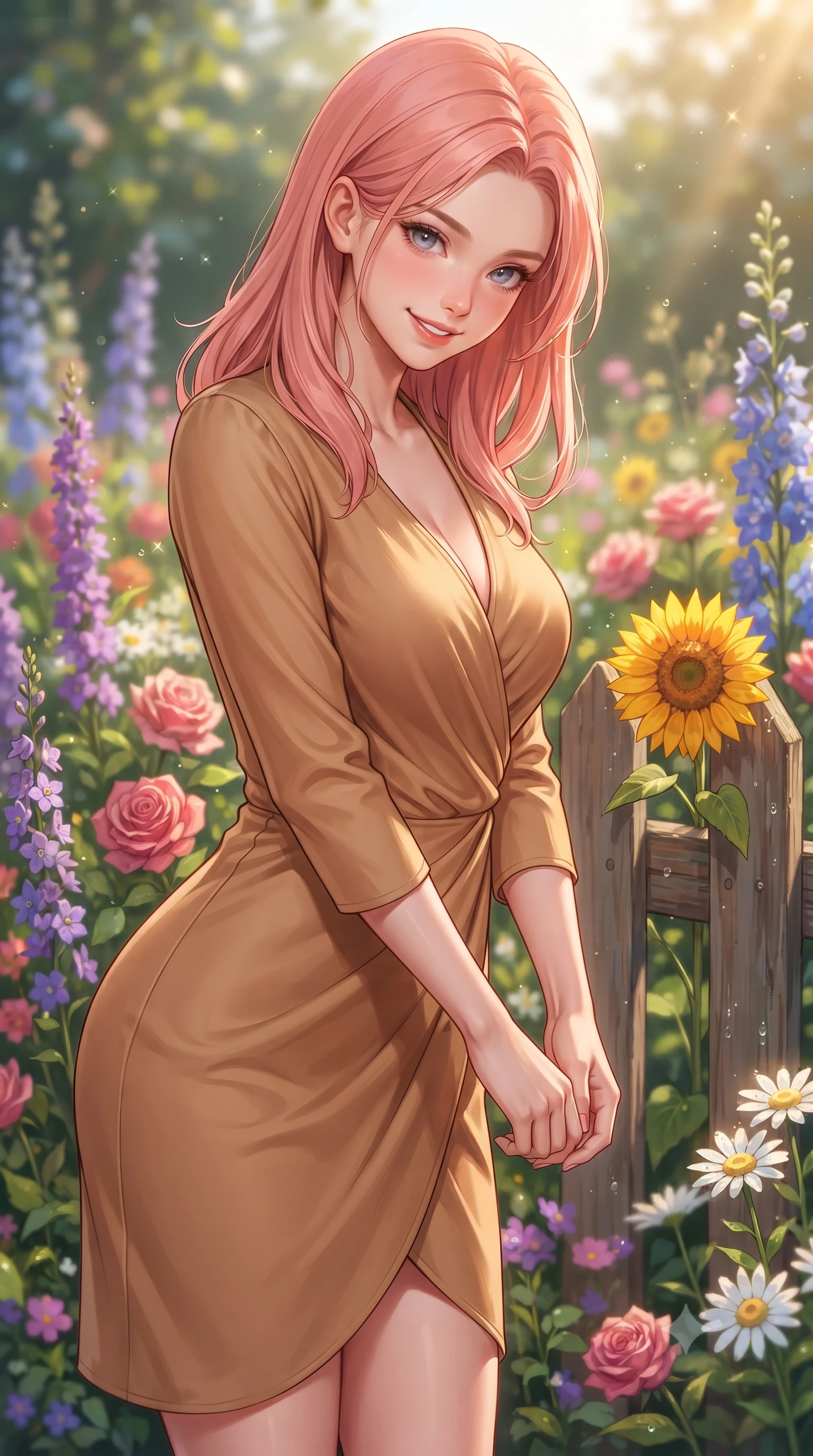 score_9, masterpiece, best quality, ultra-detailed, high-budget anime keyframe, editorial fashion photography, tasteful artistic composition, Japanese woman. close-up cowboy shot from the waist and thighs up, the character dominates the composition, filling the frame with her large presence, background elements kept in soft focus. tilting her chin down slightly, looking up at the viewer with a sweet, charming smile set against a soft-focus background of in a lovely cottage garden filled with mixed cottage flowers and wooden fences holding a single bright sunflower with a cheerful, sunny grin. She has an exceptionally elegant, slender, and willowy female figure with an ultra-slim waist, a gracefully sculpted slender torso, and a refined silhouette. sharp v-shaped jawline, high-bridge nose, intricate jewel-like eyes with depth, thick eyelashes, glossy lips with a natural sheen. wearing tailored form-contouring silk wrap dress in camel, outlining her slender waist. warm morning sunbeams creating fresh dewdrop glints on the flower petals. highly saturated vibrant anime colors, detailed shading with soft gradients, rich glossy textures, high-contrast stereoscopic depth, volumetric dynamic lighting, master piece, 9:16 ratio