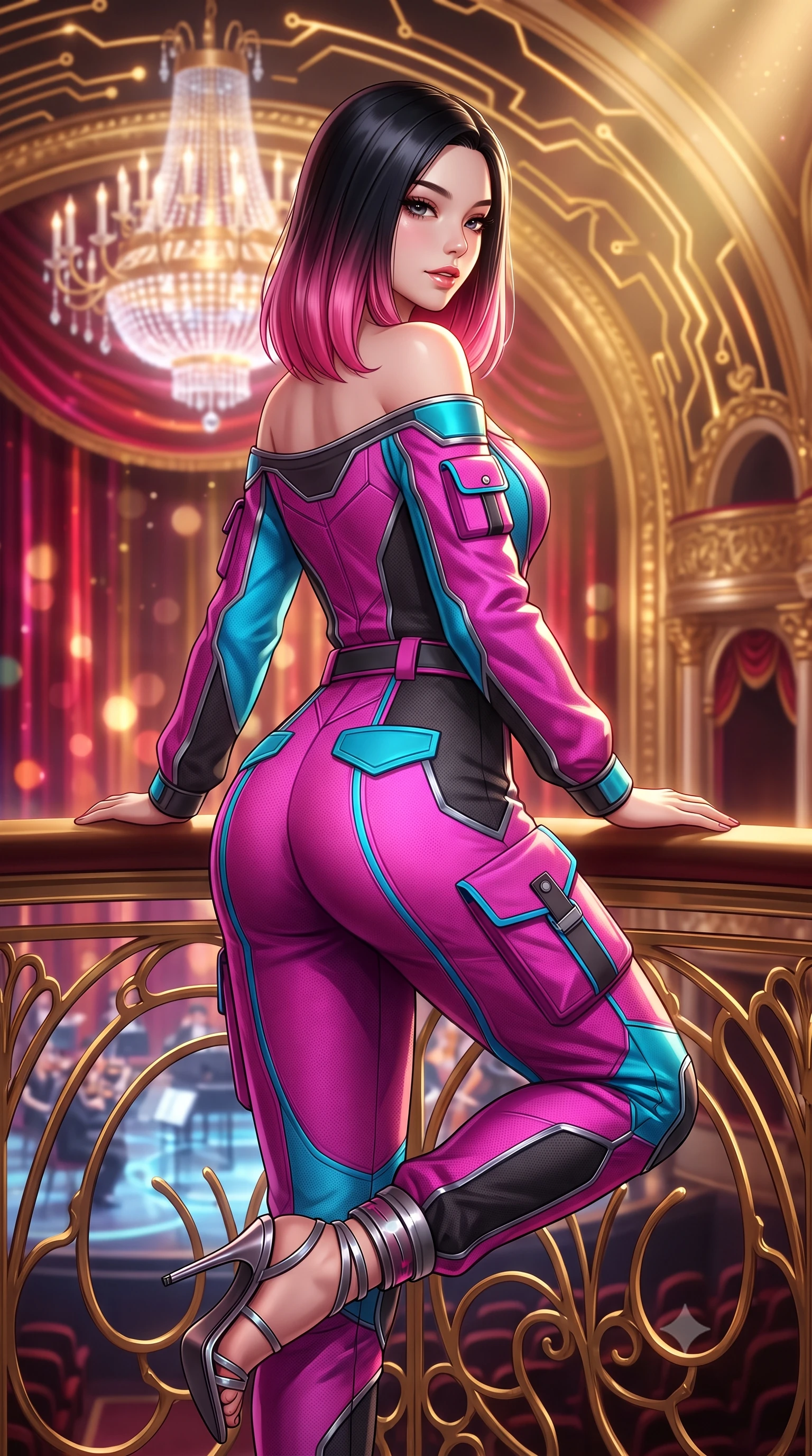 score_9, masterpiece, best quality, ultra-detailed, high-budget anime keyframe, semi-realistic 3D game render, editorial fashion photography, tasteful artistic composition, Korean woman. close-up cowboy shot from the waist and thighs up, the character dominates the composition, filling the frame with her large presence. posing in an alluring rear three-quarter angle, looking over a bare shoulder with parted glossy lips, her hips cocked back to highlight her slim hourglass curve while leaning against the gold-filigree cybernetic opera box balustrade with hips cocked back, gazing down at the holographic orchestra pit with smoldering bedroom-eyes. The background shows a soft-focus levitating crystal plasma chandelier, soaring gilded baroque arches interlaced with pulsing gold circuits, and holographic crimson curtains blurred into ruby, gold, and champagne bokeh. She has an exceptionally elegant, slender, and willowy female figure with an ultra-slim waist, flat toned midriff, narrow ribcage, and sculpted feminine hips creating an alluring, slim hourglass silhouette without bulk. sharp v-shaped jawline, high-bridge nose, intricate jewel-like sparkling eyes with depth, thick eyelashes, glossy parted lips with a natural peach sheen, bright cheerful beaming smile with an enchanting and coquettish sensual glint, exuding both youthful cute charm and seductive allure, flawlessly proportioned anatomical accuracy, strict slender model proportions, natural body alignment, perfectly sculpted long slender limbs, ultra-slim waistline, clean dynamic posture without body distortion. wearing a tailored high-tech safari suit with storm flaps and streamlined utility pockets in matte carbon finish in Neo-Tokyo neon magenta and electric cyan, crafted from bespoke double-faced cashmere with an exceptionally soft tactile finish, complemented by strappy stiletto sandals with metallic ankle wraps accentuating her slender calves, the bespoke structured tailoring following the natural line of her 8.5-heads silhouette with refined elegance. bathed in warm 2600K golden spotlight radiance combined with ruby and amber holographic curtain glow. highly saturated vibrant anime colors, detailed shading with soft gradients, rich glossy textures, high-contrast stereoscopic depth, volumetric dynamic lighting, master piece, 9:16 ratio