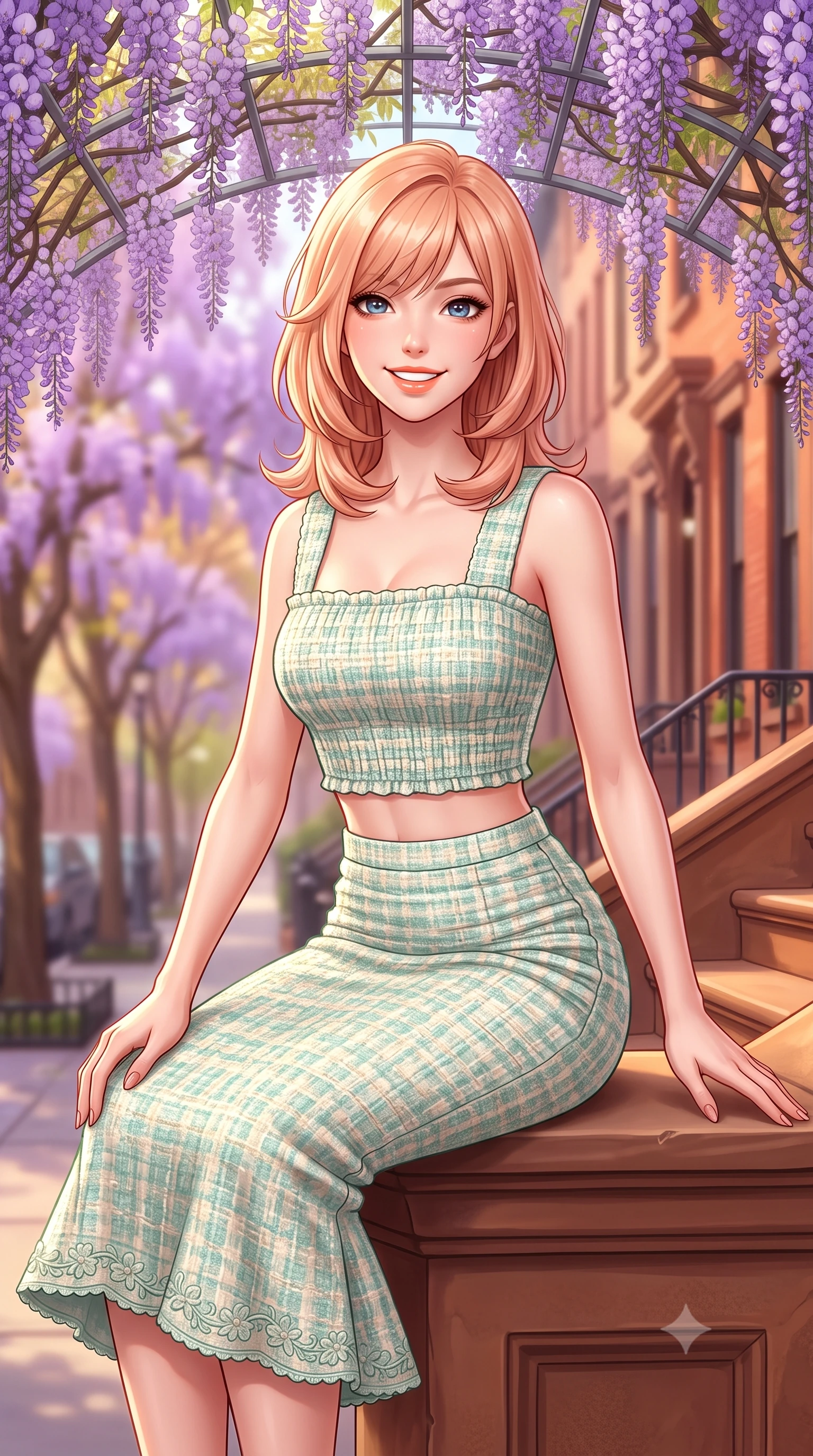 score_9, masterpiece, best quality, ultra-detailed, high-budget anime keyframe, semi-realistic 3D game render, editorial fashion photography, tasteful artistic composition, Japanese woman. close-up cowboy shot from the waist and thighs up, the character dominates the composition, filling the frame with her large presence. leaning forward with playful cute grace while arching her lower back to accentuate her curvy hips, looking into the camera with a bright cheerful smile and alluring coquettish bedroom-eyes while sitting gracefully on the warm brownstone stone steps beneath cascading purple wisteria vines, arching her lower back with a radiant, cute smile. The composition keeps background elements in soft focus with dreamy creamy bokeh. blooming purple wisteria vines and tree-lined historic West Village brownstones blurred into soft lavender, warm terracotta, and gold bokeh. She has an exceptionally elegant, slender, and willowy female figure with an ultra-slim waist, flat toned midriff, narrow ribcage, and sculpted feminine hips creating an alluring, slim hourglass silhouette without bulk. sharp v-shaped jawline, high-bridge nose, intricate jewel-like sparkling eyes with depth, thick eyelashes, glossy parted lips with a natural peach sheen, bright cheerful beaming smile with an enchanting and coquettish sensual glint, exuding both youthful cute charm and seductive allure, flawlessly proportioned anatomical accuracy, strict slender model proportions, natural body alignment, perfectly sculpted long slender limbs, ultra-slim waistline, clean dynamic posture without body distortion. wearing a fitted square-neck smocked crop top paired with a curve-hugging ruched mermaid midi skirt in refreshing mint green and soft vanilla cream, tailored from soft pastel tweed with subtle metallic shimmer, complemented by delicate embroidered floral trim along the hem, the high-waisted tailoring accentuating her ultra-slim waistline and the enchanting curve of her feminine hips with alluring charm. illuminated by warm sandstone stoop bounce light contouring her razor-sharp jawline, narrow waist, and curvy hips. highly saturated vibrant anime colors, detailed shading with soft gradients, rich glossy textures, high-contrast stereoscopic depth, volumetric dynamic lighting, master piece, 9:16 ratio