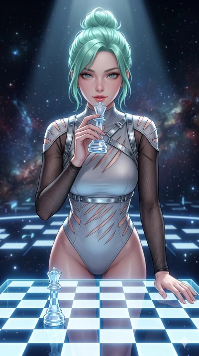 score_9, masterpiece, best quality, ultra-detailed, high-budget anime keyframe, semi-realistic 3D game render, Japanese woman. Upper body close-up from the thighs up, character filling the screen for maximum presence. She is leaning over a giant glow