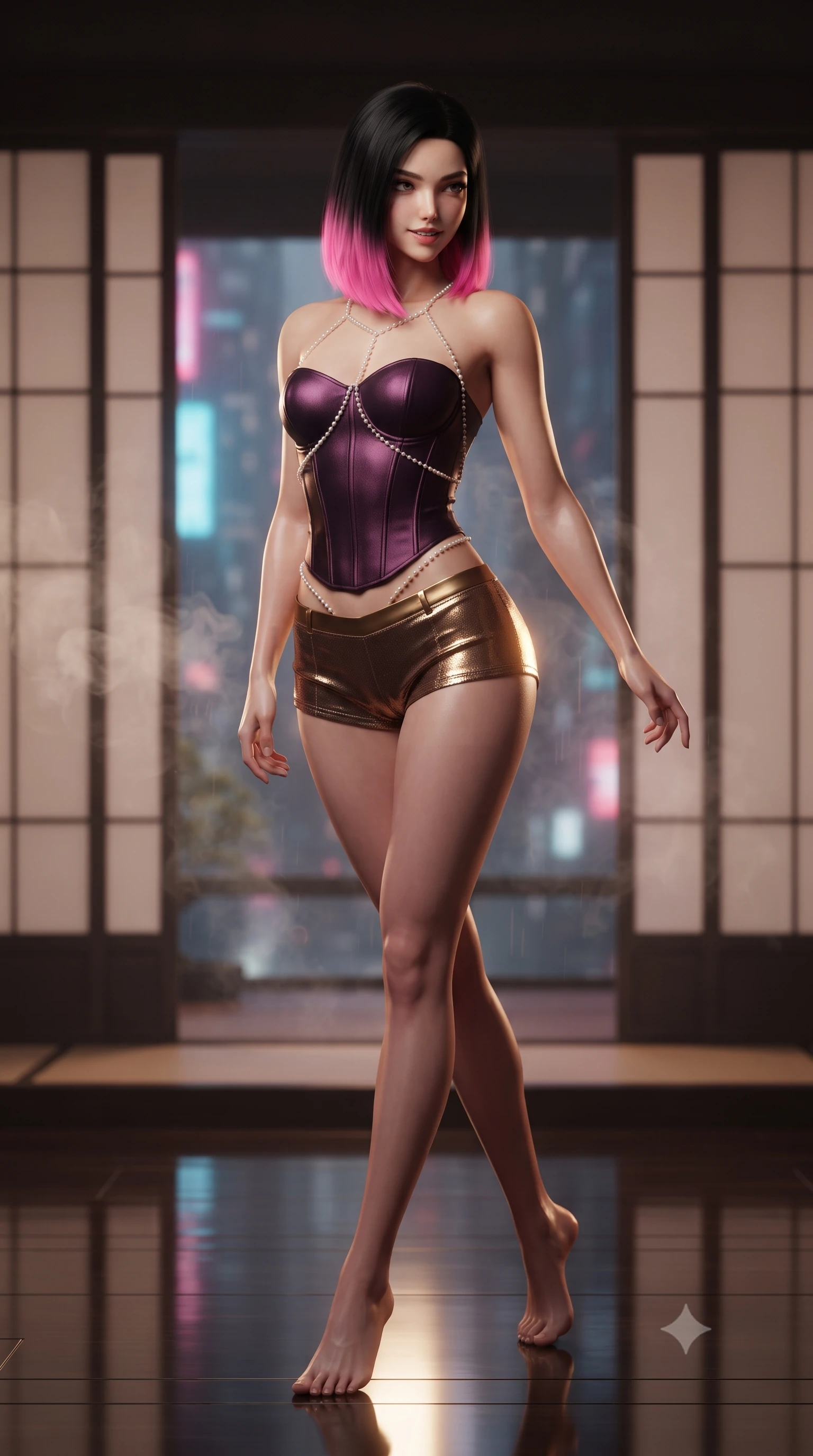 score_9, masterpiece, best quality, ultra-detailed, high-budget anime keyframe, editorial fashion photography, tasteful artistic composition, Korean woman. low angle full-body shot from head to toe showing her feet, filling the entire 9:16 vertical frame with her statuesque presence, stretching her vertical silhouette. walking along the terrace with poise, looking back over her bare shoulder with an irresistible smoldering bedroom-gaze while twisting her slender torso in an alluring contrapposto stance, rising tea steam and rainy neon skyscraper reflections framing her curves. The background shows a soft-focus minimalist sliding shoji screens softened in neo-oriental cyberpunk shallow focus. She has an absolutely perfect, statuesque 8.5-heads proportion, an exceptionally tall and slender model-like female figure with impossibly long slender legs, an ultra-slim waist, a flat toned midriff, narrow delicate ribcage, and beautifully sculpted feminine hips creating a graceful, slim hourglass silhouette without any bulky heaviness. sharp v-shaped jawline, high-bridge nose, sparkling eyes with hypnotic seductive depth, thick curled eyelashes, glossy parted lips with a natural dewy peach sheen, alluring bedroom-eyes with an enchanting coquettish smile, exuding magnetic siren charisma and sophisticated glamour, flawlessly proportioned anatomical accuracy, strict slender model proportions, natural body alignment, perfectly sculpted long slender limbs, ultra-slim waistline, clean dynamic posture without body distortion. wearing a strapless boned satin corset bodice paired with low-waisted tailored satin hot-pants in rich dark plum violet and gilded bronze, crafted from shimmering fluid chainmail mesh reflecting ambient lights, accented with a pearl-drop body harness subtly framing her dewy collarbones and spine, the precision-cut side openings and low-back scoop framing her graceful spine and the sensual sweep of her slim, toned hips. illuminated by lacquer floor reflection bounce and sharp warm-gold rim lights sculpting her jawline, ultra-slim waist, and curvy hips. ultra-reflective glossy finish, specular highlights, rich textural contrasts, high-contrast stereoscopic depth, volumetric dynamic lighting, 2k, ultra detail, master piece, 9:16 ratio