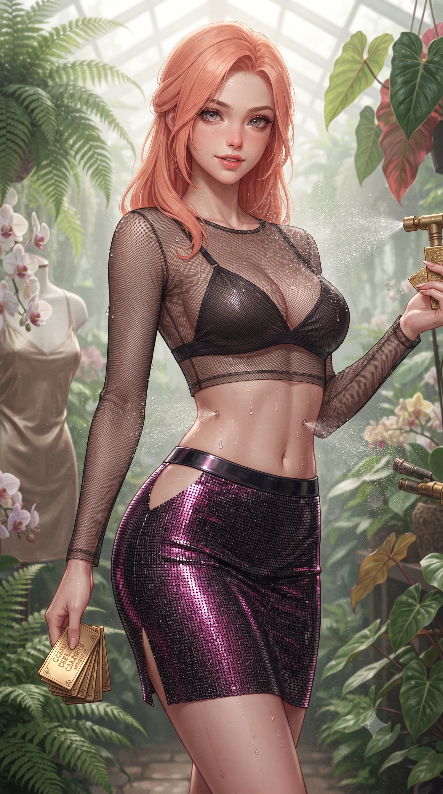 score_9, masterpiece, best quality, ultra-detailed, high-budget anime keyframe, editorial fashion photography, tasteful artistic composition, Japanese woman. close-up cowboy shot from the waist and thighs up, the character dominates the composition, filling the frame with her large presence. tilting her head with a teasing half-smile, running one hand slowly down the side of her hip in a flirtatious S-curve as ambient light caresses her silhouette while twisting her slender torso in an alluring S-curve, automated mist nozzles spraying fine dewdrops across her bare shoulders and flat midriff. The surrounding environment is rendered in vivid detail and crisp panoramic clarity: detailed wet-look satin slip dress cling, dewy skin beads, and exotic botanical horticulture in high resolution. She has an exceptionally elegant, slender, and willowy female figure with an ultra-slim waist, flat toned midriff, narrow ribcage, and sculpted feminine hips creating an alluring, slim hourglass silhouette without bulk. sharp v-shaped jawline, high-bridge nose, sparkling eyes with hypnotic seductive depth, thick curled eyelashes, glossy parted lips with a natural dewy peach sheen, alluring bedroom-eyes with an enchanting coquettish smile, exuding magnetic siren charisma and sophisticated glamour, flawlessly proportioned anatomical accuracy, strict slender model proportions, natural body alignment, perfectly sculpted long slender limbs, ultra-slim waistline, clean dynamic posture without body distortion. wearing a delicate sheer mesh long-sleeve crop top layered over an opaque strappy micro-bralette and tight metallic skirt in wet-look onyx black with electric magenta reflections, crafted from shimmering fluid chainmail mesh reflecting ambient casino lights, accented with a stack of engraved gold casino plaques held loosely in one hand, the precision-cut side openings and low-back scoop framing her graceful spine and the sensual sweep of her slim, toned hips. bathed in diffused humid greenhouse sunlight filtered through dense morning mist clouds. ultra-reflective glossy finish, specular highlights, rich textural contrasts, high-contrast stereoscopic depth, volumetric dynamic lighting, 2k, ultra detail, master piece, 9:16 ratio