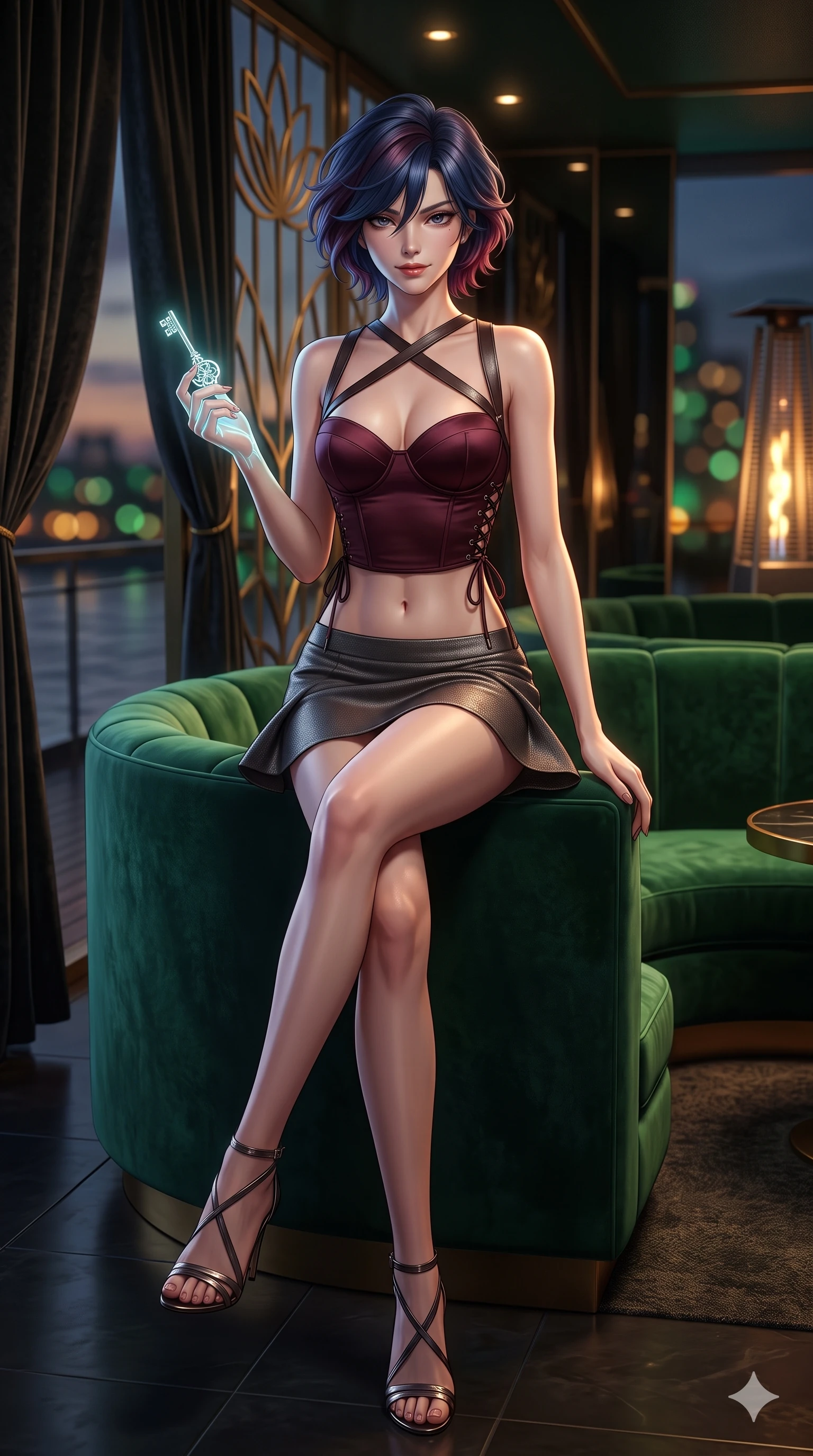 score_9, masterpiece, best quality, ultra-detailed, high-budget anime keyframe, semi-realistic 3D game render, editorial fashion photography, tasteful artistic composition, Korean woman. low angle full-body shot from head to toe showing her feet, filling the entire 9:16 vertical frame with her statuesque presence, stretching her vertical silhouette. striding across the penthouse terrace as river breezes whip her high-slit dress open, accentuating her long slender legs and curvy hips while sitting poised in a plush emerald velvet booth with legs crossed, holding a glowing cryptographic key while flashing a subtle, dangerous smile. The background shows a soft-focus geometric brass lotus window grilles, smoked obsidian mirror walls, and velvet drapes blurred into emerald, amber, and dark bronze bokeh. She has an exceptionally tall and slender model-like 8.5-heads proportion, an ultra-slim waist, a flat toned midriff, narrow delicate ribcage, and beautifully sculpted feminine hips creating a graceful, slim hourglass silhouette without any bulky heaviness, with impossibly long slender legs. sharp v-shaped jawline, high-bridge nose, intricate jewel-like sparkling eyes with depth, thick eyelashes, glossy parted lips with a natural sheen, intensely captivating and seductive bedroom-eyes expression, exuding both youthful cute charm and sovereign luxury allure, flawlessly proportioned anatomical accuracy, strict slender model proportions, natural body alignment, perfectly sculpted long slender limbs, ultra-slim waistline, clean dynamic posture without body distortion. wearing a sculpted matte satin underwire crop corset with lace-up side ties paired with a low-rise micro skirt in deep wine burgundy and brushed dark platinum, woven from high-density tech-wool with subtle metallic thread weave, featuring an open-back criss-cross harness strap in dark leather, the form-contouring material adhering flawlessly to her sculpted flat midriff and slender torso, emphasizing her long leg lines and perfectly proportioned willowy build. bathed in low-key, high-contrast chiaroscuro lighting with narrow amber and gold spotlights on the table. highly saturated vibrant anime colors, detailed shading with soft gradients, rich glossy textures, high-contrast stereoscopic depth, volumetric dynamic lighting, master piece, 9:16 ratio
