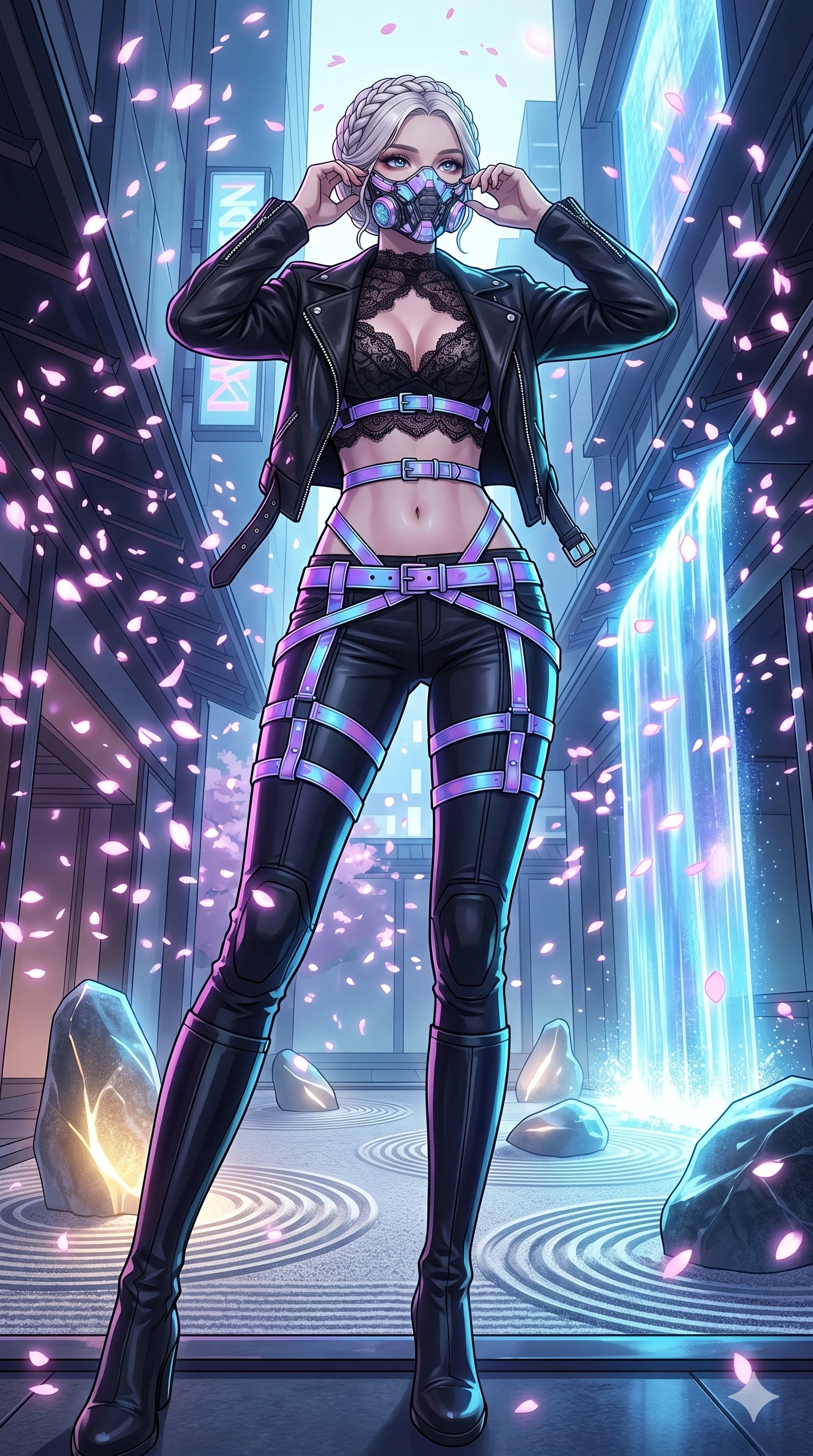 score_9, masterpiece, best quality, ultra-detailed, High-budget Anime Keyframe, vibrant colors, fluid line-art, expressive lighting, cinematic composition, Ufotable-style visual effects, top-tier animation quality, Korean woman with idol-like refined features. Low angle cowboy shot filling the entire 9:16 frame with her statuesque presence, looking up to emphasize her height. Adjusting a glowing mechanical mask as a blizzard of digital sakura petals swirls violently around her in a high-tech Neo-Tokyo alleyway. She has an absolutely perfect 8-heads proportion, an exceptionally tall and slender female figure with impossibly long slender legs and an ultra-slim waist, her statuesque height and towering silhouette dominating the vertical 9:16 frame. Her face is a masterpiece featuring a sharp v-shaped jawline, high-bridge nose, intricate jewel-like eyes with depth, thick eyelashes, and glossy lips with a natural sheen. She is wearing a stylishly unzipped leather jacket over a delicate lace top and a stylish belt harness crafted from Iridescent vinyl with a futuristic sheen that shifts between violet and cyan, with an exposed midriff and a complex harness system that draws the eye. The scene is set in a serene Zen garden with metallic sand, glowing stones, and a holographic waterfall, illuminated by dynamic strobe effects that capture her movement in a series of sharp fragments. 2k, ultra detail, master piece, 9:16 ratio