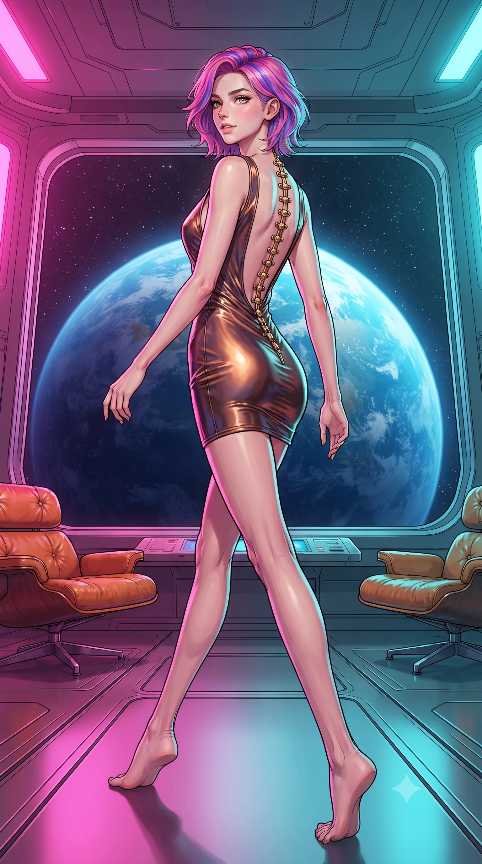 score_9, masterpiece, best quality, ultra-detailed, high-budget anime keyframe, editorial fashion photography, tasteful artistic composition, gorgeous anime illustration, with clean line-art, distinct ink outlines, and high-contrast stereoscopic depth, Caucasian woman, strictly human ears. low angle full-body shot from head to toe showing her feet, filling the entire 9:16 vertical frame with her statuesque presence, stretching her vertical silhouette. striding with confident, cheerful determination through on a spaceship observation deck with classic orange leather lounge chairs, looking through a panoramic window at a giant blue planet below. She has a statuesque 8.5-heads proportion, an exceptionally tall, slender and willowy model-like build with impossibly long legs and a highly sculpted ultra-slim waist. sharp v-shaped jawline, high-bridge nose, intricate jewel-like eyes with depth, thick eyelashes, glossy lips with a natural sheen. wearing a deep-V bodycon mini dress in shifting liquid bronze, featuring a dramatic open back and gold spine hardware. dual-tone lighting with hot magenta from the left and cool cyan from the right. 2k, ultra detail, master piece, 9:16 ratio, highly saturated vibrant anime colors, detailed cel-shading with soft gradients, rich glossy textures, deep contrast, volumetric dynamic lighting, 2d animation style