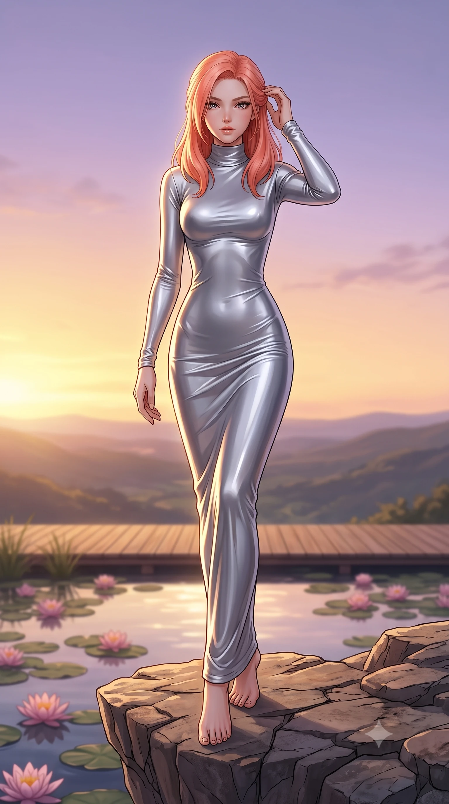 score_9, masterpiece, best quality, ultra-detailed, high-budget anime keyframe, editorial fashion photography, tasteful artistic composition, Japanese woman woman. low angle full-body shot from head to toe showing her feet, filling the entire 9:16 vertical frame with her statuesque presence, stretching her vertical silhouette. standing proud on a scenic cliff overlooking the valley, her silhouette framed by the golden sky the background shows a soft-focus a wooden deck overlooking a calm pond filled with blooming pink water lilies. She has an absolutely perfect, statuesque 8.5-heads proportion, an exceptionally tall and slender model-like female figure with impossibly long slender legs and an ultra-slim waist. sharp v-shaped jawline, high-bridge nose, intricate jewel-like eyes with depth, thick eyelashes, glossy lips with a natural sheen. wearing a body-hugging form-fitting high-neck maxi dress in liquid silver jersey, clinging to her slender frame. soft twilight glow reflecting on the still water surface. 2k, ultra detail, master piece, 9:16 ratio