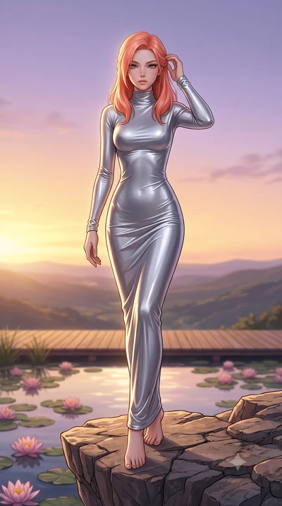 score_9, masterpiece, best quality, ultra-detailed, high-budget anime keyframe, editorial fashion photography, tasteful artistic composition, Japanese woman woman. low angle full-body shot from head to toe showing her feet, filling the entire 9:16 ve