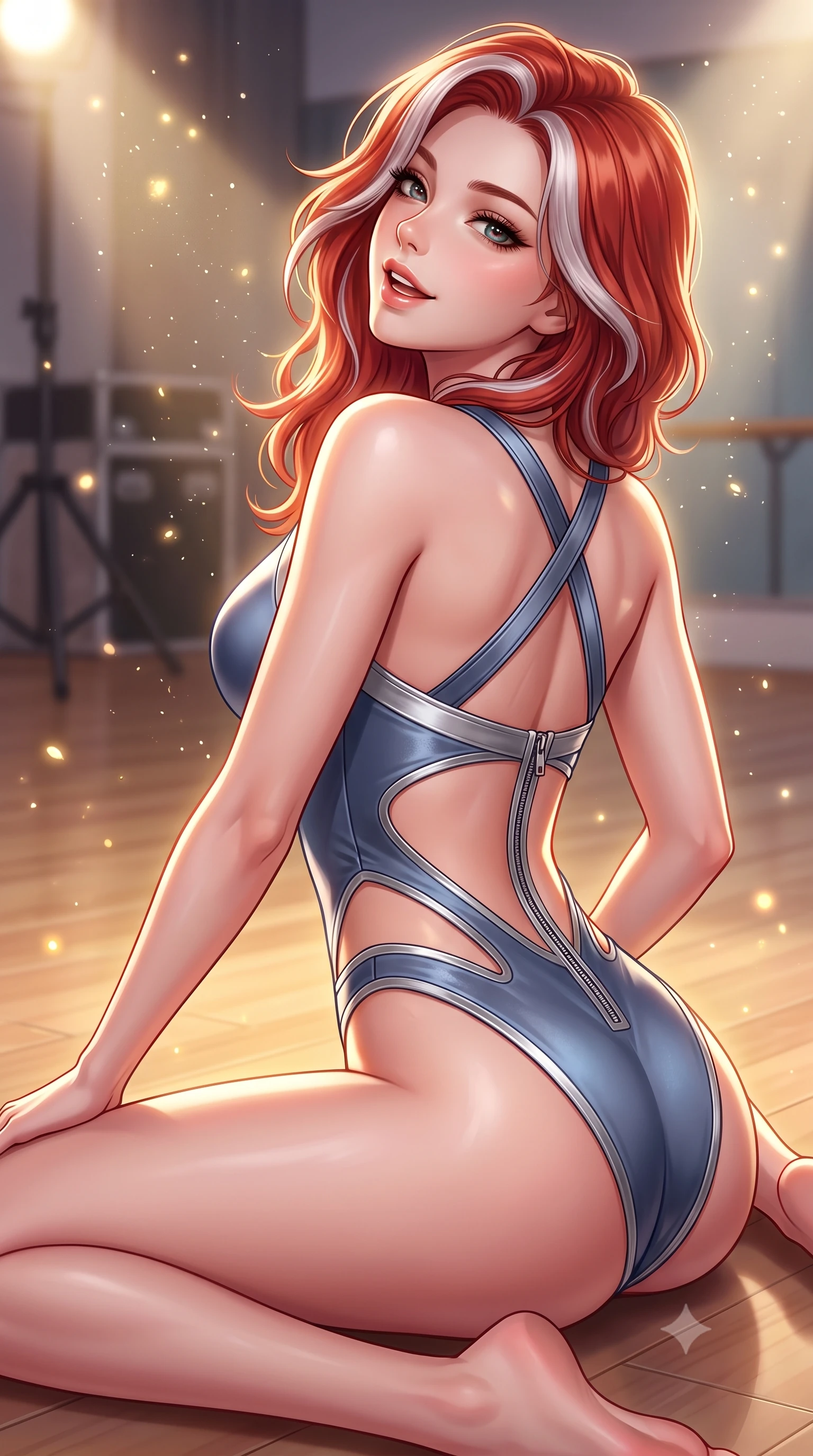 score_9, masterpiece, best quality, ultra-detailed, high-budget anime keyframe, semi-realistic 3D game render, editorial fashion photography, tasteful artistic composition, Caucasian woman. close-up cowboy shot from the waist and thighs up, the character dominates the composition, filling the frame with her large presence. turning over a bare shoulder with an intoxicating, teasing smile, her soft hair framing her sharp jawline as her hips angle gracefully while reclining on the dance studio floor propped up on one hip, head tilted back in ecstasy with parted lips as warm spotlights trace her silhouette. The composition keeps background elements in soft focus with creamy bokeh. floating micro-chalk particles and spotlight beams scattering luminous golden light motes. She has an exceptionally elegant, slender, and willowy female figure with an ultra-slim waist, a gracefully sculpted slender torso, toned flat midriff, and rounded feminine hips creating an alluring hourglass silhouette. sharp v-shaped jawline, high-bridge nose, intricate jewel-like eyes with depth, thick eyelashes, glossy parted lips with a natural sheen, intensely captivating and seductive bedroom-eyes expression, flawlessly proportioned anatomical accuracy, strict slender model proportions, natural body alignment, perfectly sculpted long slender limbs, ultra-slim waistline, clean dynamic posture without body distortion. wearing a modern athletic monokini leotard with criss-cross back harness straps and high-hip cut in slate blue and metallic silver trim, made of flexible stretch velvet with rich specular luster, finished with metallic zipper detailing along the spine and hips, the precision-cut side openings and low-back scoop framing her graceful spine and the sensual sweep of her hips. illuminated by crisp specular rim lights accentuating her narrow waist, curved hips, and long legs. highly saturated vibrant anime colors, detailed shading with soft gradients, rich glossy textures, high-contrast stereoscopic depth, volumetric dynamic lighting, master piece, 9:16 ratio