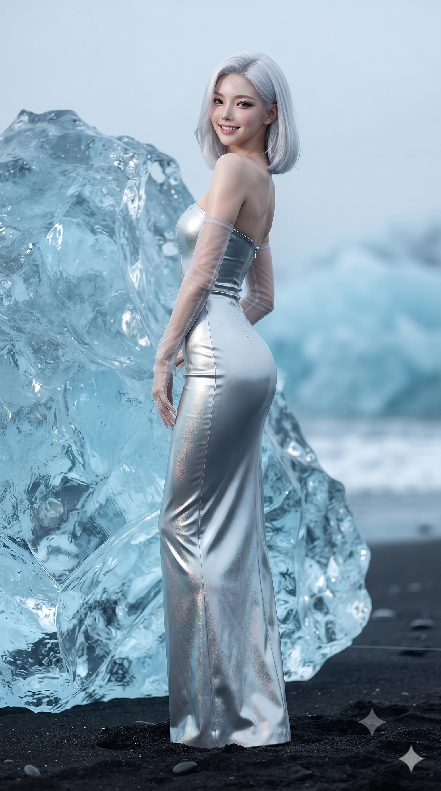 score_9, masterpiece, best quality, ultra-detailed, high-budget anime keyframe, editorial fashion photography, tasteful artistic composition, Korean woman. low angle full-body shot from head to toe showing her feet, filling the entire 9:16 vertical frame with her statuesque presence, stretching her vertical silhouette. posing in a classic haute-couture S-curve stance beside the floor-to-ceiling window, looking over a bare shoulder with magnetic presence while standing poised on the pristine black sand beside colossal diamond-clear translucent icebergs glowing like cut crystal, arching her lower back with regal high-fashion grace. The background shows a soft-focus fine glacial ocean spray softened in surreal Nordic iceberg sanctuary shallow focus. She has an exceptionally tall and slender model-like 8.5-heads proportion, an ultra-slim waist, a flat toned midriff, narrow delicate ribcage, and beautifully sculpted feminine hips creating a graceful, slim hourglass silhouette without any bulky heaviness, with impossibly long slender legs. sharp v-shaped jawline, high-bridge nose, intricate jewel-like sparkling eyes with depth, thick eyelashes, glossy parted lips with a natural peach sheen, bright cheerful beaming smile with an enchanting and coquettish sensual glint, exuding both youthful cute charm and seductive allure, flawlessly proportioned anatomical accuracy, strict slender model proportions, natural body alignment, perfectly sculpted long slender limbs, ultra-slim waistline, clean dynamic posture without body distortion. wearing an ultra-sleek stretch lambskin leather sheath dress accentuating her slim waistline in liquid molten silver and iridescent mother-of-pearl, woven from buttery-soft stretch lambskin leather adhering to her body like a second skin, complemented by sheer opera-length evening gloves tracing her slender arms, the glove-like clinging cut tightly following the natural contour of her hips and long slender legs with youthful 8.5-heads elegance. bathed in the crisp 5500K silver twilight luminance reflecting through transparent blue glacial ice sculptures. ultra-reflective glossy finish, specular highlights, rich textural contrasts, high-contrast stereoscopic depth, volumetric dynamic lighting, 2k, ultra detail, master piece, 9:16 ratio