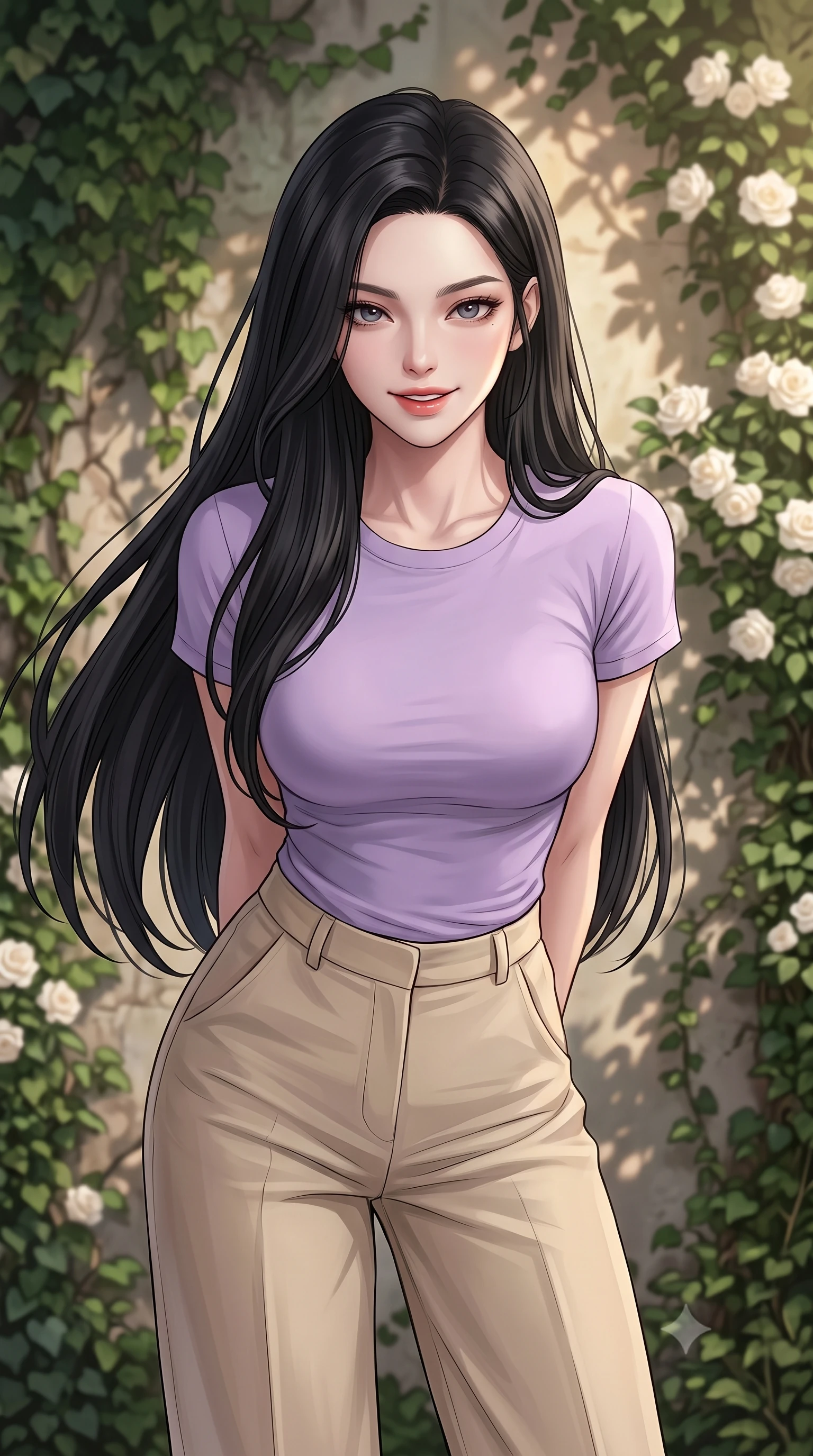 score_9, masterpiece, best quality, ultra-detailed, high-budget anime keyframe, editorial fashion photography, tasteful artistic composition, Korean woman woman. close-up cowboy shot from the waist and thighs up, the character dominates the composition, filling the frame with her large presence, background elements kept in soft focus. leaning slightly forward with a playful, teasing smile, her gaze locked onto the viewer the background shows a soft-focus a secret garden of an abandoned stone mansion, overgrown with green ivy and white climbing roses. She has an exceptionally elegant, slender, and willowy female figure with an ultra-slim waist, a gracefully sculpted slender torso, and a refined silhouette. sharp v-shaped jawline, high-bridge nose, intricate jewel-like eyes with depth, thick eyelashes, glossy lips with a natural sheen. wearing a body-hugging simple lavender cotton tee paired with high-waisted beige wide-leg pants. soft afternoon light casting organic shadows on the stone walls. 2k, ultra detail, master piece, 9:16 ratio