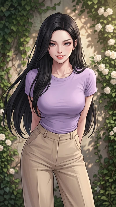 score_9, masterpiece, best quality, ultra-detailed, high-budget anime keyframe, editorial fashion photography, tasteful artistic composition, Korean woman woman. close-up cowboy shot from the waist and thighs up, the character dominates the compositi
