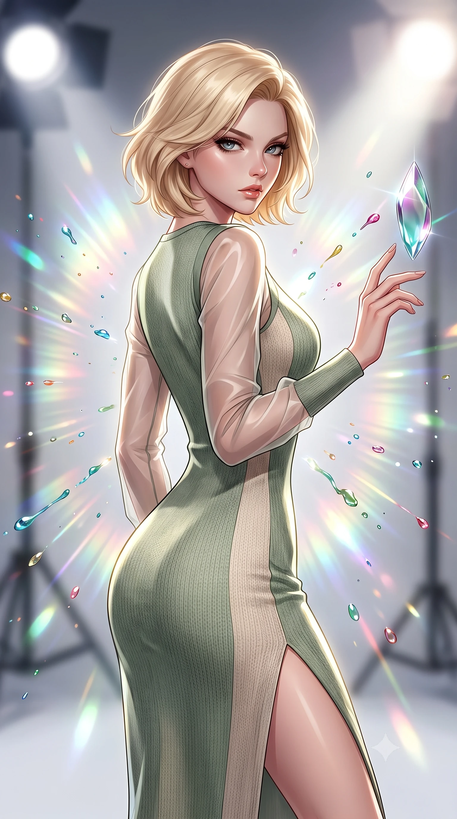 score_9, masterpiece, best quality, ultra-detailed, high-budget anime keyframe, editorial fashion photography, tasteful artistic composition, Caucasian woman. close-up cowboy shot from the waist and thighs up, the character dominates the composition, filling the frame with her large presence, background elements kept in soft focus. Pivoting sharply while looking back over her shoulder with heavy lashes and a confident, intense gaze while reaching out to touch a hovering mirror petal catching bright studio spotlights, vibrant paint droplets frozen in time casting specular highlights. She has an exceptionally elegant, slender, and willowy female figure with an ultra-slim waist, a gracefully sculpted slender torso, and a refined silhouette. sharp v-shaped jawline, high-bridge nose, intricate jewel-like eyes with depth, thick eyelashes, glossy lips with a natural sheen, flawlessly proportioned anatomical accuracy, natural body alignment, perfectly sculpted elegant limbs, clean dynamic posture without body distortion. wearing a sleek bodycon knit dress with strategic sheer organza sleeve panels in sage green and oatmeal, woven from fine semi-opaque sheer organza, finished with a sleek side slit ascending to mid-thigh, the sleek second-skin texture accentuating her magnetic presence. surrounded by a radiant, high-energy reflection aura. highly saturated vibrant anime colors, detailed shading with soft gradients, rich glossy textures, high-contrast stereoscopic depth, volumetric dynamic lighting, master piece, 9:16 ratio