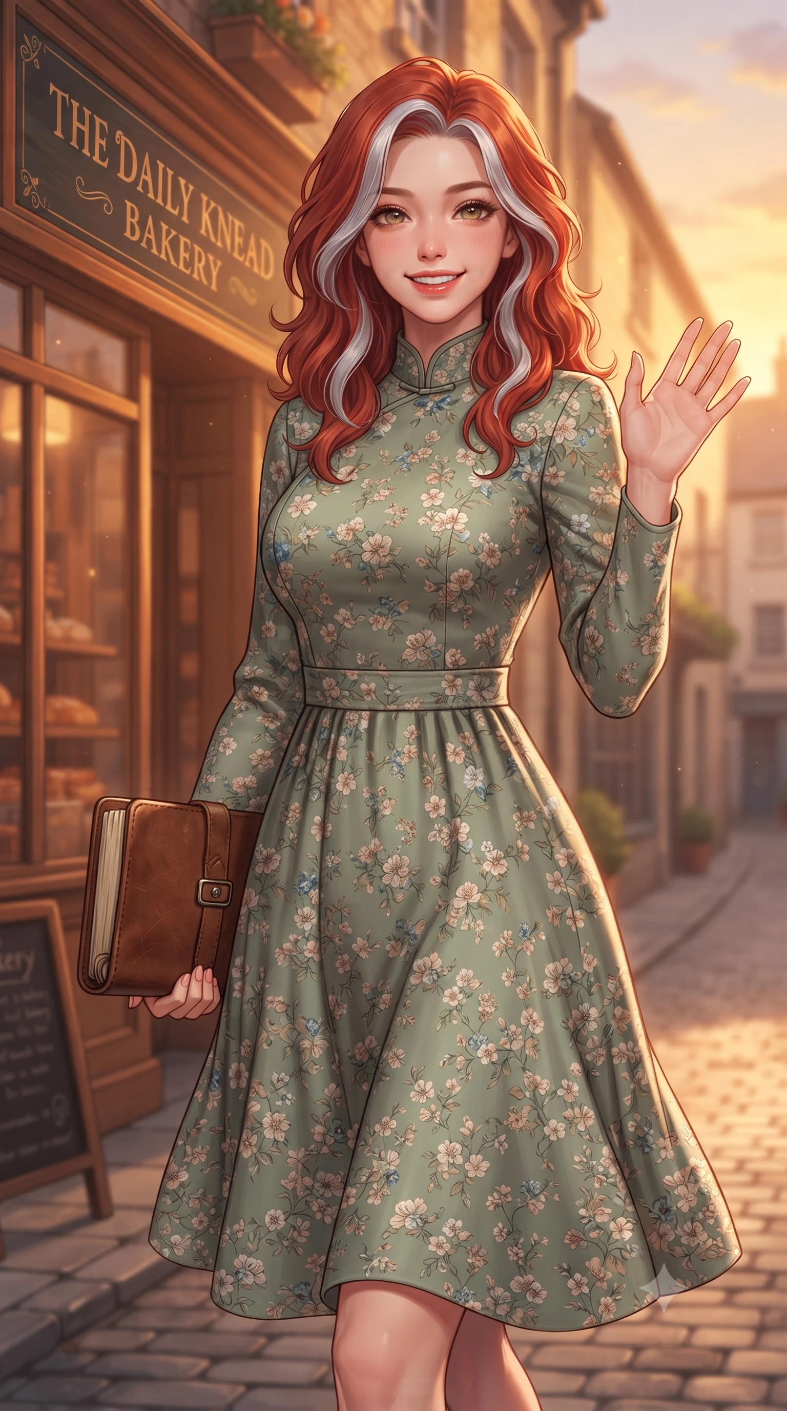 score_9, masterpiece, best quality, ultra-detailed, high-budget anime keyframe, editorial fashion photography, tasteful artistic composition, Caucasian woman. close-up cowboy shot from the waist and thighs up, the character dominates the composition, filling the frame with her large presence, background elements kept in soft focus. flashing a sweet, beaming smile while waving one hand gently toward the camera set against a soft-focus background of in front of a cozy bakery shop in a quiet residential alley holding a classic leather notebook bought from the stationery shop. She has an exceptionally elegant, slender, and willowy female figure with an ultra-slim waist, a gracefully sculpted slender torso, and a refined silhouette. sharp v-shaped jawline, high-bridge nose, intricate jewel-like eyes with depth, thick eyelashes, glossy lips with a natural sheen. wearing form-contouring lovely floral print midi dress in sage green, featuring a high collar and long sleeves. cozy golden hour sunset light painting the wooden shopfronts in orange. highly saturated vibrant anime colors, detailed shading with soft gradients, rich glossy textures, high-contrast stereoscopic depth, volumetric dynamic lighting, master piece, 9:16 ratio