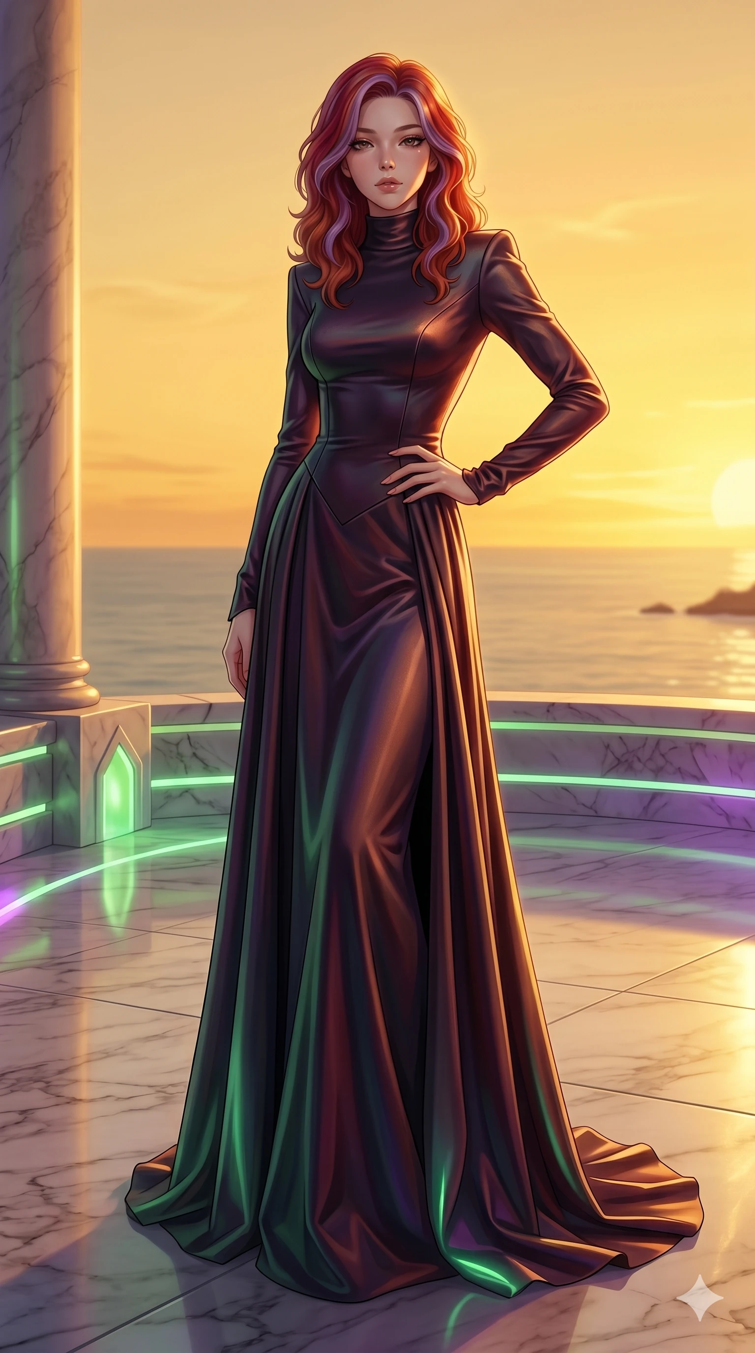 score_9, masterpiece, best quality, ultra-detailed, high-budget anime keyframe, editorial fashion photography, tasteful artistic composition, Caucasian woman, strictly human ears. low angle full-body shot from head to toe showing her feet, filling the entire 9:16 vertical frame with her statuesque presence, stretching her vertical silhouette. resting her hand on her hip, arching her back slightly to capture the sun, with bedroom eyes on a marble terrace overlooking a quiet sea under a golden sunset (Code-P18-033). She has an absolutely perfect 8-heads proportion, an exceptionally tall and slender female figure with impossibly long slender legs and an ultra-slim waist. V-shaped jawline, high-bridge nose, intricate jewel-like eyes with depth, thick eyelashes, glossy lips with a natural sheen. wearing a structured high-neck heavy satin gown with elegant long sleeves. soft green and purple bioluminescent ambient light, creating a mystical, glowing atmosphere. 2k, ultra detail, master piece, 9:16 ratio