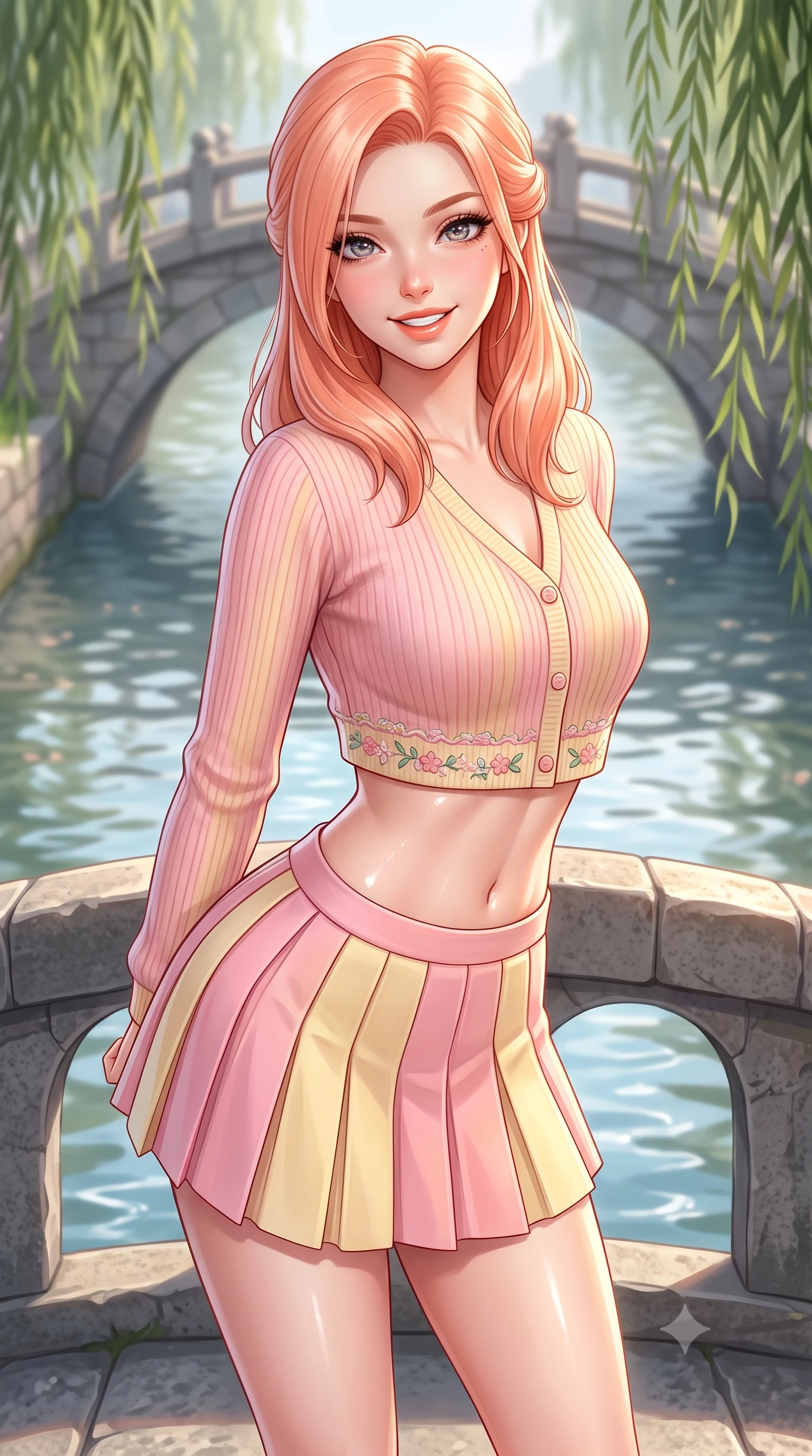 score_9, masterpiece, best quality, ultra-detailed, high-budget anime keyframe, semi-realistic 3D game render, editorial fashion photography, tasteful artistic composition, Japanese woman. close-up cowboy shot from the waist and thighs up, the character dominates the composition, filling the frame with her large presence. resting both hands lightly behind her back while leaning toward the lens with a cheerful, teasing grin, her form-fitting outfit hugging her narrow waist and feminine hip curve while pausing gracefully at the center of the small arched stone bridge, arching her lower back with a bright, charming smile as weeping willow fronds brush the water. The composition keeps background elements in soft focus with dreamy creamy bokeh. rippling shallow canal waters and stone bridge arches softened in poetic Kyoto shallow focus. She has an exceptionally elegant, slender, and willowy female figure with an ultra-slim waist, flat toned midriff, narrow ribcage, and sculpted feminine hips creating an alluring, slim hourglass silhouette without bulk. sharp v-shaped jawline, high-bridge nose, intricate jewel-like sparkling eyes with depth, thick eyelashes, glossy parted lips with a natural peach sheen, bright cheerful beaming smile with an enchanting and coquettish sensual glint, exuding both youthful cute charm and seductive allure, flawlessly proportioned anatomical accuracy, strict slender model proportions, natural body alignment, perfectly sculpted long slender limbs, ultra-slim waistline, clean dynamic posture without body distortion. wearing a cropped pastel ribbed knit cardigan paired with an ultra-short high-waisted pleated tennis skirt clinging tightly to her curvy hips in sweet strawberry milk pink and butter yellow, crafted from soft cozy cashmere yarn with an airy drape, complemented by delicate embroidered floral trim along the hem, the glove-like silhouette tightly following the natural contour of her hips and long slender legs with youthful 8.5-heads elegance. illuminated by crystal water specular reflections accentuating her sculpted midriff, narrow waist, and curvy hips. highly saturated vibrant anime colors, detailed shading with soft gradients, rich glossy textures, high-contrast stereoscopic depth, volumetric dynamic lighting, master piece, 9:16 ratio