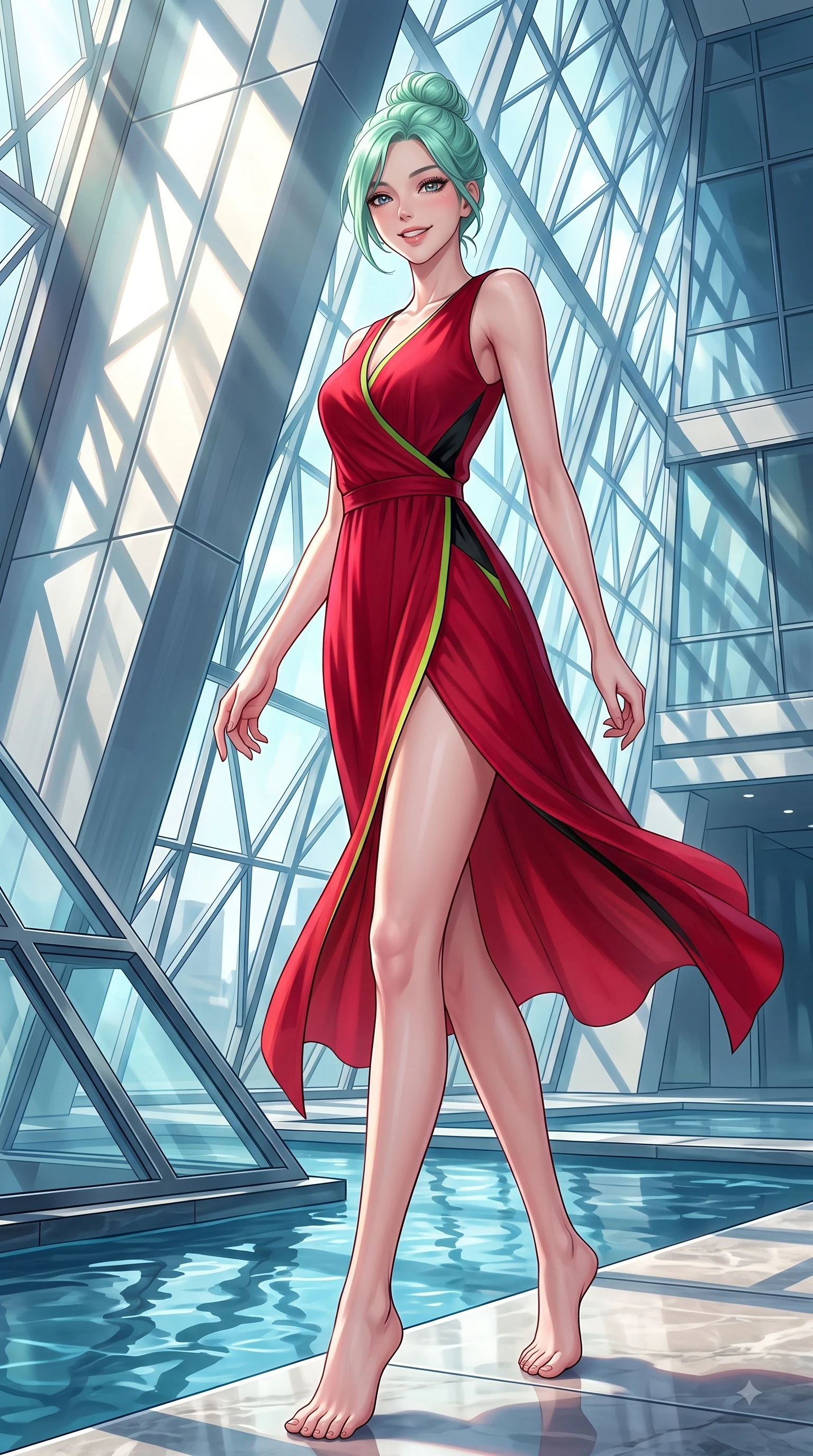 score_9, masterpiece, best quality, ultra-detailed, high-budget anime keyframe, editorial fashion photography, tasteful artistic composition, Japanese woman. low angle full-body shot from head to toe showing her feet, filling the entire 9:16 vertical frame with her statuesque presence, stretching her vertical silhouette. Playful cute grin with eyes crinkling in pure girlhood delight, leaning forward with adorable energy while pivoting dynamically near a towering geometric glass facade with intense sunlight filtering through. The surrounding environment is rendered in vivid detail and crisp panoramic clarity. dramatic architectural light beams, reflecting pool ripples, and sharp structural framing in high clarity. She has an absolutely perfect, statuesque 8.5-heads proportion, an exceptionally tall and slender model-like female figure with impossibly long slender legs and an ultra-slim waist. sharp v-shaped jawline, high-bridge nose, intricate jewel-like eyes with depth, thick eyelashes, glossy lips with a natural sheen, flawlessly proportioned anatomical accuracy, natural body alignment, perfectly sculpted elegant limbs, clean dynamic posture without body distortion. wearing a sleek ruby red wrap midi dress featuring a tasteful side leg slit in bright lime green and sleek jet black, woven from fine lightweight chiffon fluttering gracefully, finished with a sleek side slit ascending to mid-thigh, the fluid drape swaying gracefully with her dynamic editorial movement. bathed in crisp, high-contrast sunlight filtering through geometric glass panes. highly saturated vibrant anime colors, detailed shading with soft gradients, rich glossy textures, high-contrast stereoscopic depth, volumetric dynamic lighting, master piece, 9:16 ratio