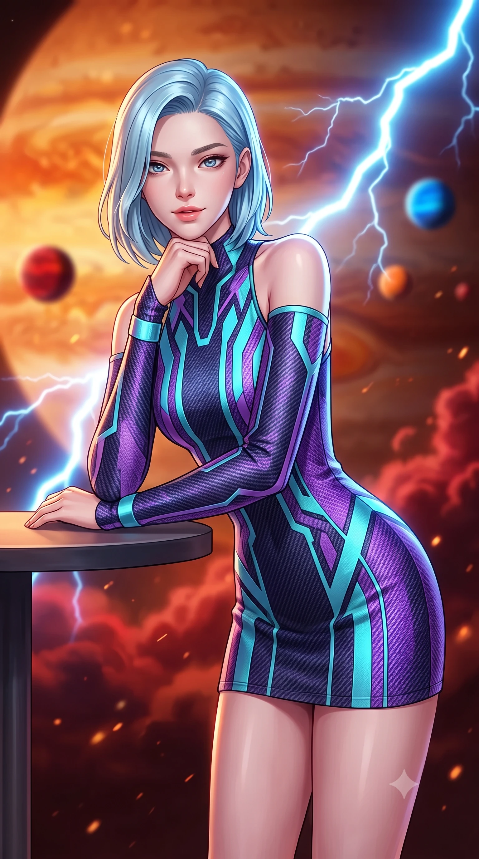 score_9, masterpiece, best quality, ultra-detailed, high-budget anime keyframe, semi-realistic 3D game render, editorial fashion photography, tasteful artistic composition, Korean woman. close-up cowboy shot from the waist and thighs up, the character dominates the composition, filling the frame with her large presence. resting one elbow on the table and supporting her chin, leaning close to the camera with heavy-lidded sparkling eyes and parted lips while twisting her slender torso in an alluring S-curve, crimson storm clouds and blue lightning pulses painting dynamic highlights across her flat midriff and hips. The background shows a soft-focus churning amber and terracotta cloud bands of Jupiter, crackling mega-lightning bolts, and distant orbital moons blurred into crimson, tangerine, and electric blue bokeh. She has an exceptionally elegant, slender, and willowy female figure with an ultra-slim waist, flat toned midriff, narrow ribcage, and sculpted feminine hips creating an alluring, slim hourglass silhouette without bulk. sharp v-shaped jawline, high-bridge nose, intricate jewel-like sparkling eyes with depth, thick eyelashes, glossy parted lips with a natural peach sheen, bright cheerful beaming smile with an enchanting and coquettish sensual glint, exuding both youthful cute charm and seductive allure, flawlessly proportioned anatomical accuracy, strict slender model proportions, natural body alignment, perfectly sculpted long slender limbs, ultra-slim waistline, clean dynamic posture without body distortion. wearing a futuristic architectural jacquard shift dress with geometric high neckline and bracelet sleeves in Cheonggyecheon neon aqua and ultraviolet amethyst, woven from structured carbon-fiber jacquard with rich textural depth, complemented by strappy stiletto sandals with metallic ankle wraps accentuating her slender calves, the impeccably tailored cut draping gracefully along her slender figure with aristocratic poise. bathed in rich amber and vermilion planetary atmospheric glow contrasted with sharp intermittent electric-blue lightning flashes. highly saturated vibrant anime colors, detailed shading with soft gradients, rich glossy textures, high-contrast stereoscopic depth, volumetric dynamic lighting, master piece, 9:16 ratio
