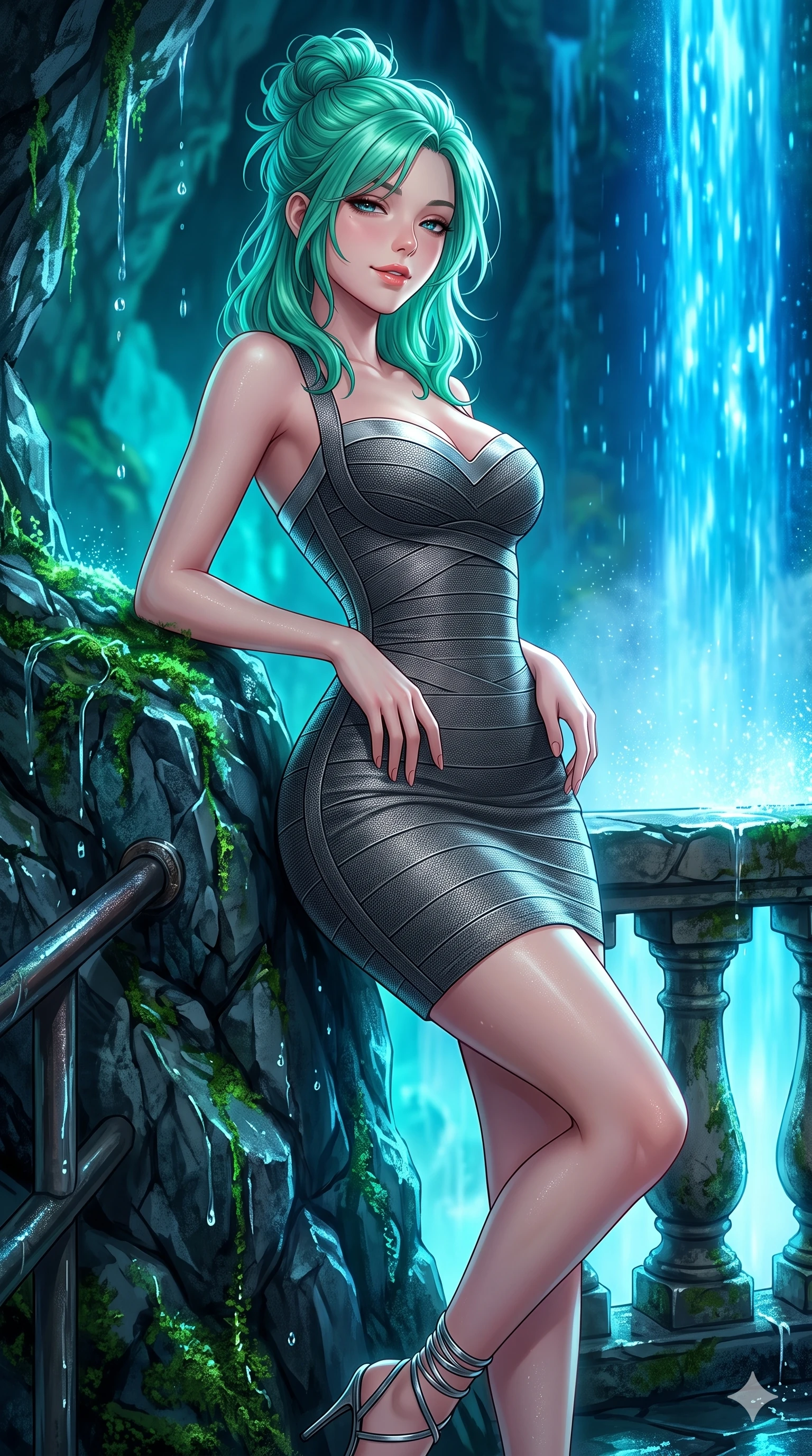 score_9, masterpiece, best quality, ultra-detailed, high-budget anime keyframe, semi-realistic 3D game render, editorial fashion photography, tasteful artistic composition, Japanese woman. close-up cowboy shot from the waist and thighs up, the character dominates the composition, filling the frame with her large presence. leaning back against the balustrade with relaxed seductive grace, head tilted back slightly while casting a hypnotic, heavy-lidded gaze while leaning against the moss-covered rock needle with hips cocked back, watching glowing azure water cascades splash into luminous mist with heavy-lidded bedroom-eyes. The surrounding environment is rendered in vivid detail and crisp panoramic clarity: sharp wet slate rock textures, glowing moss filaments, and individual falling water droplet speculars in deep focus. She has an exceptionally elegant, slender, and willowy female figure with an ultra-slim waist, flat toned midriff, narrow ribcage, and sculpted feminine hips creating an alluring, slim hourglass silhouette without bulk. sharp v-shaped jawline, high-bridge nose, intricate jewel-like sparkling eyes with depth, thick eyelashes, glossy parted lips with a natural peach sheen, bright cheerful beaming smile with an enchanting and coquettish sensual glint, exuding both youthful cute charm and seductive allure, flawlessly proportioned anatomical accuracy, strict slender model proportions, natural body alignment, perfectly sculpted long slender limbs, ultra-slim waistline, clean dynamic posture without body distortion. wearing a dense bandage knit cocktail dress with sweetheart neckline hugging her delicate ribcage and feminine hips in charcoal grey and polished chrome, tailored from high-density tech-wool with subtle metallic thread weave, complemented by strappy stiletto sandals with metallic ankle wraps accentuating her slender calves, the liquid-tight tailored fabric clinging flawlessly to her narrow waist and rounded feminine hips, emphasizing every millimeter of her sculpted slim hourglass curves without any bulky heaviness. bathed in vivid electric-blue waterfall luminescence mixed with soft ambient cavern turquoise. highly saturated vibrant anime colors, detailed shading with soft gradients, rich glossy textures, high-contrast stereoscopic depth, volumetric dynamic lighting, master piece, 9:16 ratio