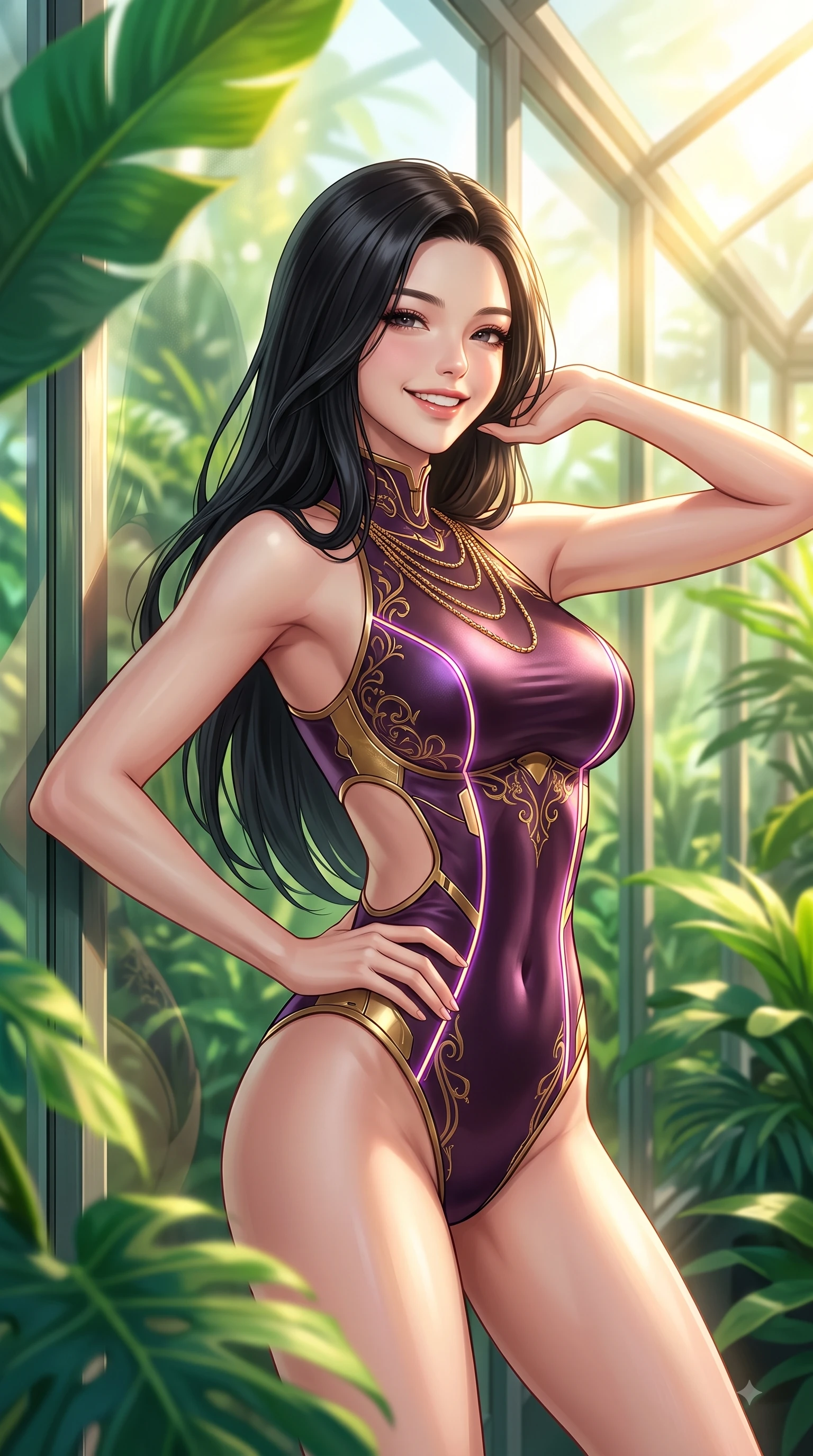 score_9, masterpiece, best quality, ultra-detailed, high-budget anime keyframe, editorial fashion photography, tasteful artistic composition, Korean woman. close-up cowboy shot from the waist and thighs up, the character dominates the composition, filling the frame with her large presence, background elements kept in soft focus. Radiant youthful grin reflecting college charm while casting a playful, joyful side-gaze with heavy lashes while resting near a sunlit glass wall as tropical sunbeams highlight her fresh youthful figure, rich emerald, jade, and lime green plant textures framing her youthful posture. She has an exceptionally elegant, slender, and willowy female figure with an ultra-slim waist, a gracefully sculpted slender torso, and a refined silhouette. sharp v-shaped jawline, high-bridge nose, intricate jewel-like eyes with depth, thick eyelashes, glossy lips with a natural sheen, flawlessly proportioned anatomical accuracy, natural body alignment, perfectly sculpted elegant limbs, clean dynamic posture without body distortion. wearing a skin-tight cybernetic bodysuit with glowing neon seams and side cutouts in plum purple and gold filigree, crafted from lustrous satin jersey with fluid draping, adorned with delicate metallic chain straps along the neckline, the tailored fabric tightly following every curve of her athletic build. bathed in brilliant golden sunlight and fresh green botanical ambient glow. highly saturated vibrant anime colors, detailed shading with soft gradients, rich glossy textures, high-contrast stereoscopic depth, volumetric dynamic lighting, master piece, 9:16 ratio