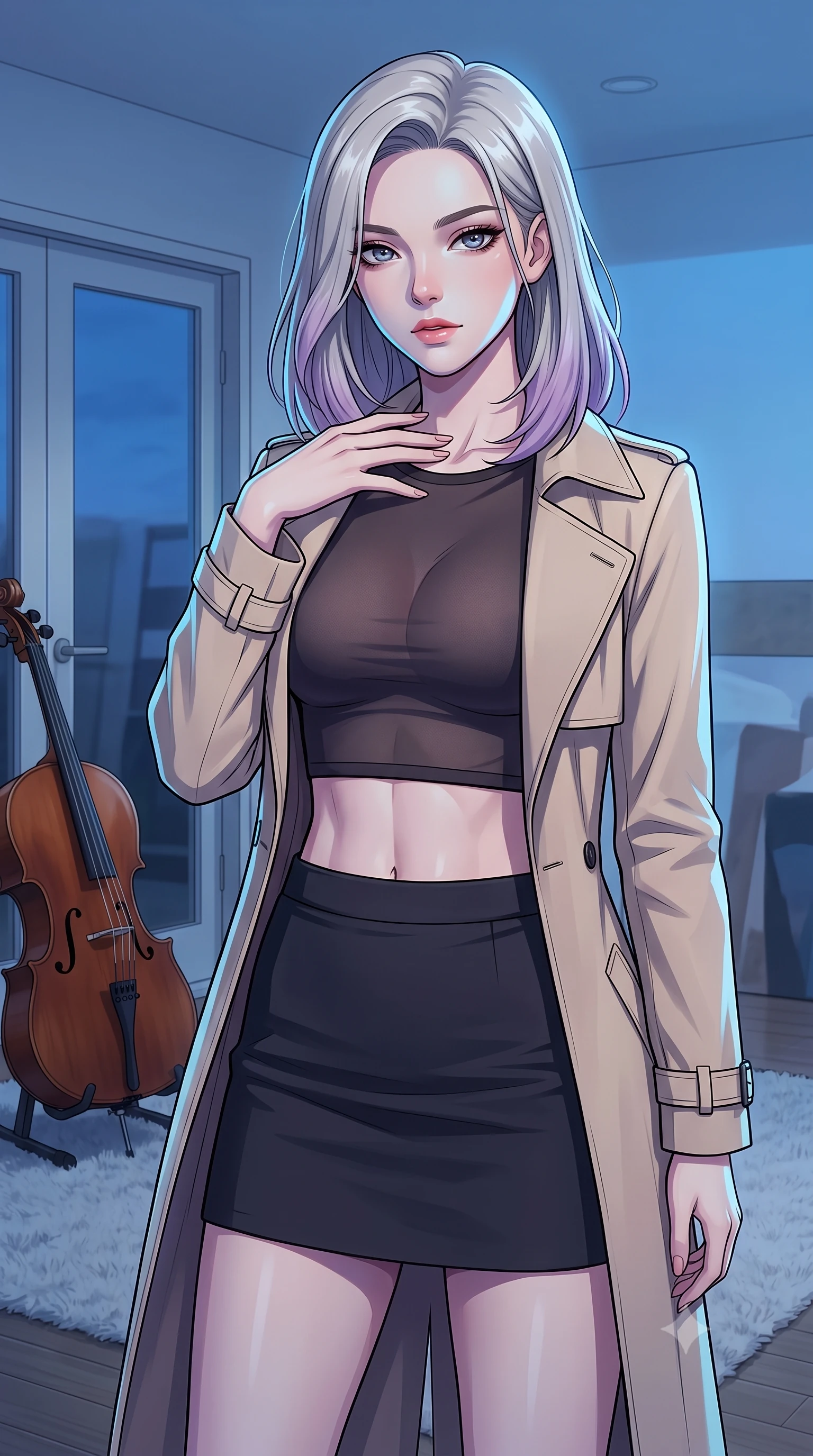 score_9, masterpiece, best quality, ultra-detailed, high-budget anime keyframe, tasteful artistic composition, Caucasian woman. close-up cowboy shot from the waist and thighs up, the character dominates the composition, filling the frame with her large presence, background elements kept in soft focus. standing with one hand resting on her collarbone, looking at the viewer with bedroom-eyes the background shows a soft-focus a modern minimal studio with a cello resting on a plush rug near a glass door. She has an exceptionally elegant, slender, and willowy female figure with an ultra-slim waist, a gracefully sculpted slender torso, and a refined silhouette. sharp v-shaped jawline, high-bridge nose, intricate jewel-like eyes with depth, thick eyelashes, glossy lips with a natural sheen. wearing a slim-fit semi-opaque dark mesh crop top paired with a mini skirt, layered with a tailored light trench coat. cool blue twilight sky glow casting cool highlights on her form. highly saturated vibrant anime colors, cel-shading, 2d style, master piece, 9:16 ratio