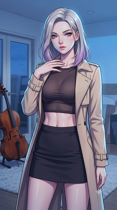 score_9, masterpiece, best quality, ultra-detailed, high-budget anime keyframe, tasteful artistic composition, Caucasian woman. close-up cowboy shot from the waist and thighs up, the character dominates the composition, filling the frame with her lar
