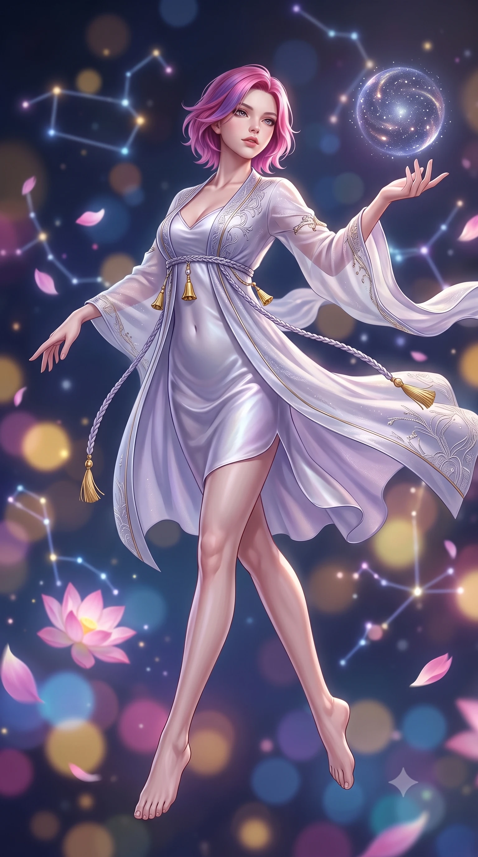 score_9, masterpiece, best quality, ultra-detailed, high-budget anime keyframe, semi-realistic 3D game render, editorial fashion photography, tasteful artistic composition, Caucasian woman. low angle full-body shot from head to toe showing her feet, filling the entire 9:16 vertical frame with her statuesque presence, stretching her vertical silhouette. executing an elegant mid-motion spin with effortless grace, her garments fluttering softly around her ultra-slim waistline while reaching out gracefully toward a floating orb of starlight, her long slender legs and willowy torso extended in pure dancer poise. The composition keeps background elements in soft focus with creamy bokeh. floating holographic constellations and drifting pink lotus petals blurred into celestial indigo, gold, and magenta bokeh. She has an absolutely perfect, statuesque 8.5-heads proportion, an exceptionally tall and slender model-like female figure with impossibly long slender legs, a toned flat midriff, and an ultra-slim waist. sharp v-shaped jawline, high-bridge nose, intricate jewel-like eyes with depth, thick eyelashes, glossy lips with a natural sheen, captivating and magnetic expression, flawlessly proportioned anatomical accuracy, strict slender model proportions, natural body alignment, perfectly sculpted long slender limbs, ultra-slim waistline, clean dynamic posture without body distortion. wearing an ethereal moon-goddess gossamer robe worn over a form-contouring pearlescent silk slip in moonlit silver and lavender mist, woven from fine mulberry silk with metallic thread embroidery, accessorized with delicate gold bell tassels and braided silk cords, the liquid-tight tailored fabric emphasizing every curve of her tall, slender model proportions and sculptured silhouette during dynamic movement. illuminated by crisp specular highlights tracing her ultra-slim waist, toned midriff, and long slender limbs. highly saturated vibrant anime colors, detailed shading with soft gradients, rich glossy textures, high-contrast stereoscopic depth, volumetric dynamic lighting, master piece, 9:16 ratio