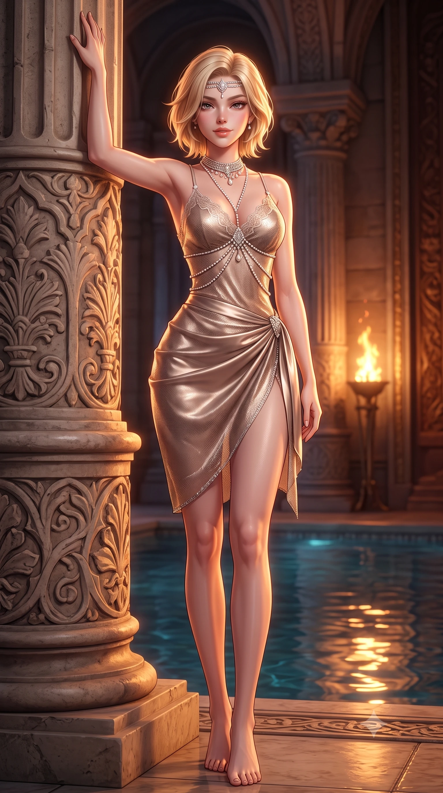 score_9, masterpiece, best quality, ultra-detailed, high-budget anime keyframe, semi-realistic 3D game render, editorial fashion photography, tasteful artistic composition, Caucasian woman. low angle full-body shot from head to toe showing her feet, filling the entire 9:16 vertical frame with her statuesque presence, stretching her vertical silhouette. standing tall beside the architectural column, one hand resting high while arching her lower back to emphasize her sculpted feminine hips and slender waist while twisting her slender torso in an alluring S-curve, dancing torchlight and water reflections sculpting highlights across her flat midriff and hips. The surrounding environment is rendered in vivid detail and crisp panoramic clarity: detailed semi-sheer metallic lurex gown cling, diamond headpiece sparkle, and royal palace craftsmanship in razor-sharp precision. She has an absolutely perfect, statuesque 8.5-heads proportion, an exceptionally tall and slender model-like female figure with impossibly long slender legs, an ultra-slim waist, a flat toned midriff, narrow delicate ribcage, and beautifully sculpted feminine hips creating a graceful, slim hourglass silhouette without any bulky heaviness. sharp v-shaped jawline, high-bridge nose, sparkling eyes with hypnotic seductive depth, thick curled eyelashes, glossy parted lips with a natural dewy peach sheen, alluring bedroom-eyes with an enchanting coquettish smile, exuding magnetic siren charisma and sophisticated glamour, flawlessly proportioned anatomical accuracy, strict slender model proportions, natural body alignment, perfectly sculpted long slender limbs, ultra-slim waistline, clean dynamic posture without body distortion. wearing a delicate lace-trimmed silk camisole paired with a draped satin wrap sarong mini skirt with high side slit in sheer dusky champagne and glistening crystal trims, crafted from shimmering fluid chainmail mesh reflecting ambient lights, accented with a pearl-drop body harness subtly framing her dewy collarbones and spine, the precision-cut side openings and low-back scoop framing her graceful spine and the sensual sweep of her slim, toned hips. illuminated by water reflection bounce and sharp copper-gold rim lights sculpting her jawline, narrow waist, and voluptuous hip curves. highly saturated vibrant anime colors, detailed shading with soft gradients, rich glossy textures, high-contrast stereoscopic depth, volumetric dynamic lighting, master piece, 9:16 ratio