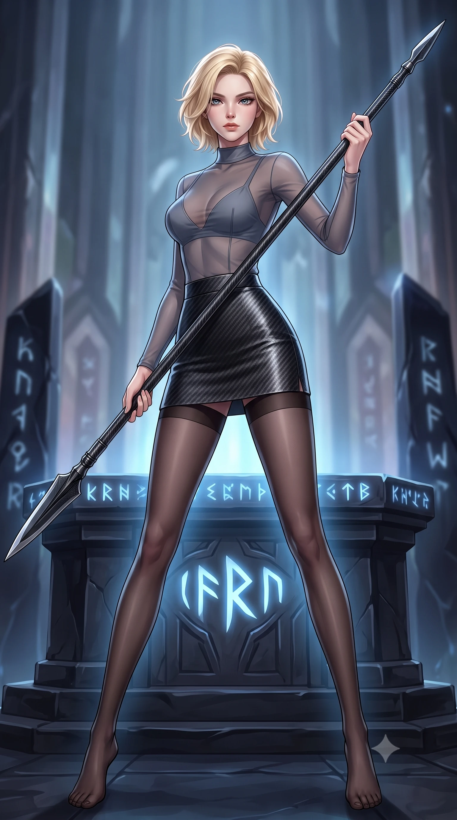 score_9, masterpiece, best quality, ultra-detailed, high-budget anime keyframe, editorial fashion photography, tasteful artistic composition, Caucasian woman. low angle full-body shot from head to toe showing her feet, filling the entire 9:16 vertical frame with her statuesque presence, stretching her vertical silhouette. standing in a dynamic combat stance with a carbon-fiber spear held diagonally, stretching her statuesque body, the background shows a soft-focus a crystal temple altar made of dark obsidian stone and glowing runes. She has an absolutely perfect, statuesque 8.5-heads proportion, an exceptionally tall and slender model-like female figure with impossibly long slender legs and an ultra-slim waist. sharp v-shaped jawline, high-bridge nose, intricate jewel-like eyes with depth, thick eyelashes, glossy lips with a natural sheen. wearing a tailored semi-transparent mesh top in slate grey, paired with a carbon-fiber mini skirt and sheer stockings. soft blue light radiating from carved runes, casting an eerie uplight. highly saturated vibrant anime colors, detailed shading with soft gradients, rich glossy textures, high-contrast stereoscopic depth, volumetric dynamic lighting, master piece, 9:16 ratio
