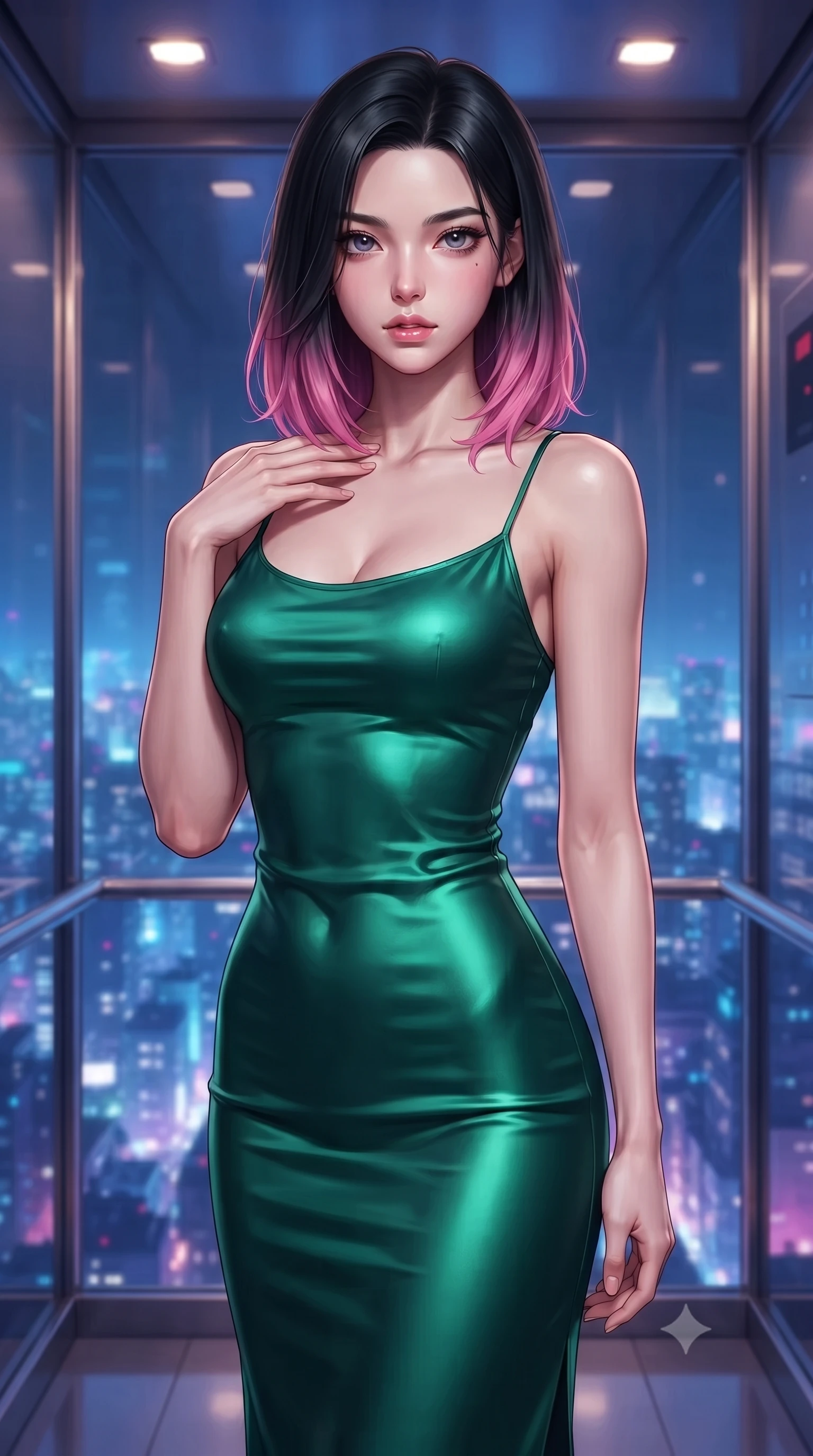 score_9, masterpiece, best quality, ultra-detailed, high-budget anime keyframe, editorial fashion photography, tasteful artistic composition, Korean woman. close-up cowboy shot from the waist and thighs up, the character dominates the composition, filling the frame with her large presence, background elements kept in soft focus. standing with one hand resting on her collarbone, looking at the viewer with bedroom-eyes the background shows a soft-focus a high-rise vehicle elevator with glass walls showing the city lights below. She has an exceptionally elegant, slender, and willowy female figure with an ultra-slim waist, a gracefully sculpted slender torso, and a refined silhouette. sharp v-shaped jawline, high-bridge nose, intricate jewel-like eyes with depth, thick eyelashes, glossy lips with a natural sheen. wearing a slim-fit form-contouring emerald green silk slip dress that hugs her slender waist and hips. glittering blue and violet city skyline lights contrasting with warm elevator lights. ultra-reflective glossy finish, specular highlights, metallic sheen, high-contrast stereoscopic depth, volumetric dynamic lighting, 2k, ultra detail, master piece, 9:16 ratio