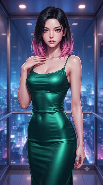 score_9, masterpiece, best quality, ultra-detailed, high-budget anime keyframe, editorial fashion photography, tasteful artistic composition, Korean woman. close-up cowboy shot from the waist and thighs up, the character dominates the composition, fi