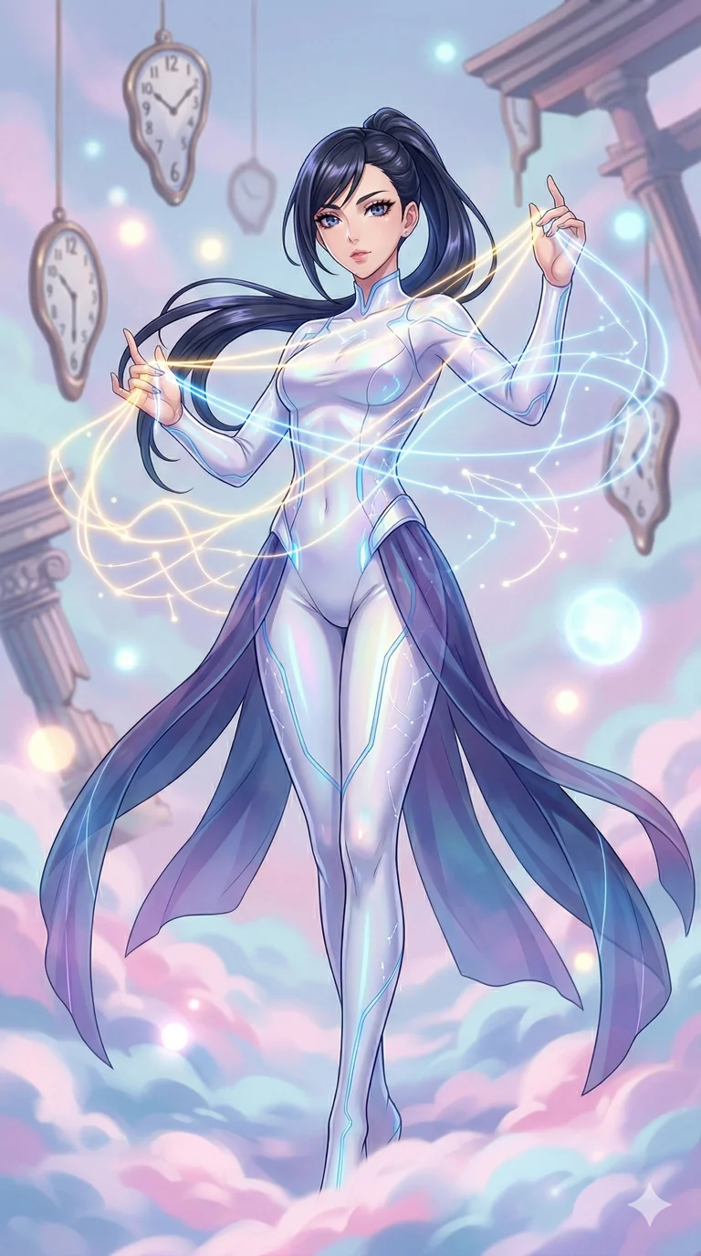 score_9, masterpiece, best quality, ultra-detailed, high-budget anime keyframe, an incredibly beautiful Japanese woman. Dynamic low angle cowboy shot filling the entire 9:16 frame with her statuesque presence. She is a dream weaver spinning threads of light. She has an absolutely perfect 8-heads proportion, an exceptionally tall and slender female figure with impossibly long slender legs and an ultra-slim waist. Her face is a highly detailed masterpiece featuring a sharp v-shaped jawline, high-bridge nose, intricate jewel-like eyes, thick eyelashes, and glossy lips. She is wearing a skin-tight glowing white bodysuit. A surreal landscape of melting clocks and floating clouds, soft ethereal light., 2k, ultra detail, master piece, 9:16 ratio