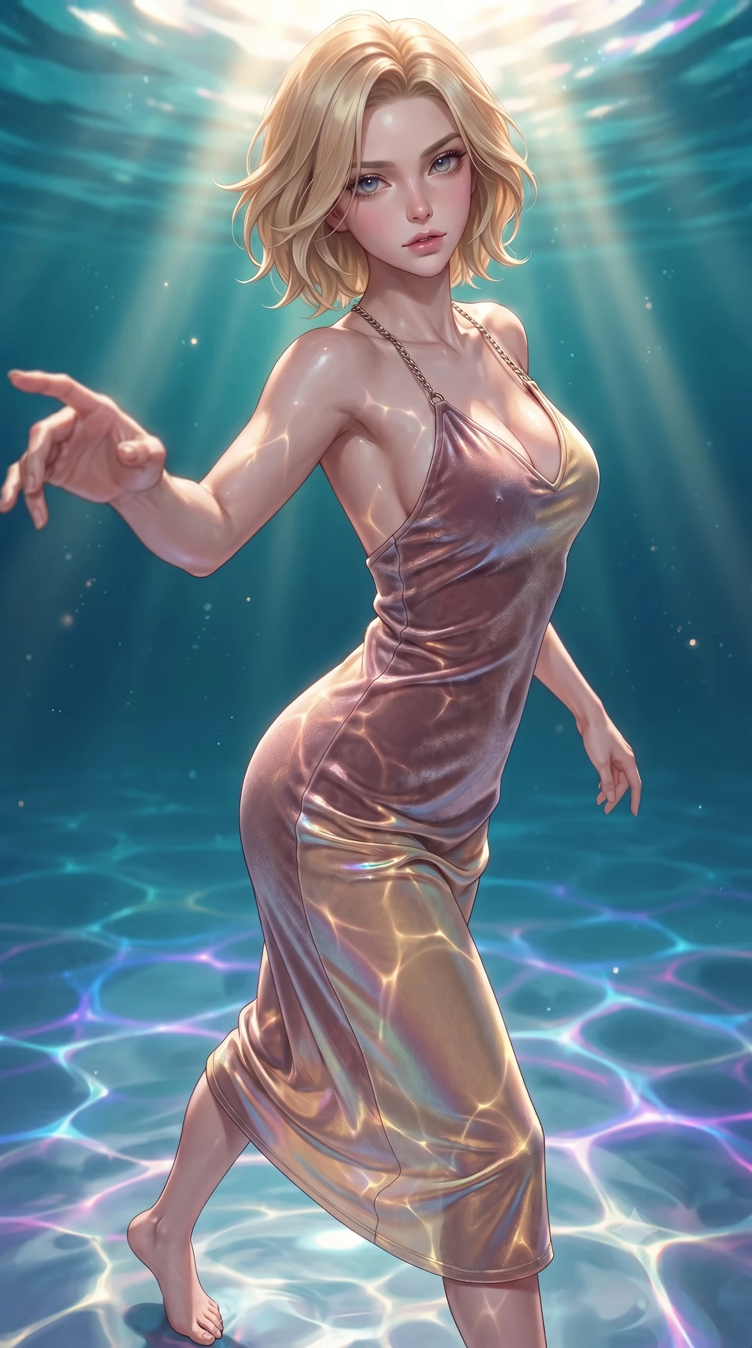 score_9, masterpiece, best quality, ultra-detailed, high-budget anime keyframe, editorial fashion photography, tasteful artistic composition, Caucasian woman. close-up cowboy shot from the waist and thighs up, the character dominates the composition, filling the frame with her large presence, background elements kept in soft focus. Reaching her hand gracefully toward the camera with magnetic allure, her torso turning in a dynamic S-curve alignment while gliding dynamically over a mirror-like lagoon floor as neon ripples dance across her form, intense golden sunbeams penetrating deep turquoise water creating caustic light ripples. She has an exceptionally elegant, slender, and willowy female figure with an ultra-slim waist, a gracefully sculpted slender torso, and a refined silhouette. sharp v-shaped jawline, high-bridge nose, intricate jewel-like eyes with depth, thick eyelashes, glossy lips with a natural sheen, flawlessly proportioned anatomical accuracy, natural body alignment, perfectly sculpted elegant limbs, clean dynamic posture without body distortion. wearing a velvet halter-neck midi dress following her form like a glove in dusty rose and champagne gold, crafted from iridescent chiffon that shifts colors in the light, adorned with delicate metallic chain straps along the neckline, the glove-like fit emphasizing her statuesque silhouette during motion. surrounded by a shimmering ocean aura with bright specular rim lights. ultra-reflective glossy finish, specular highlights, metallic sheen, high-contrast stereoscopic depth, volumetric dynamic lighting, 2k, ultra detail, master piece, 9:16 ratio