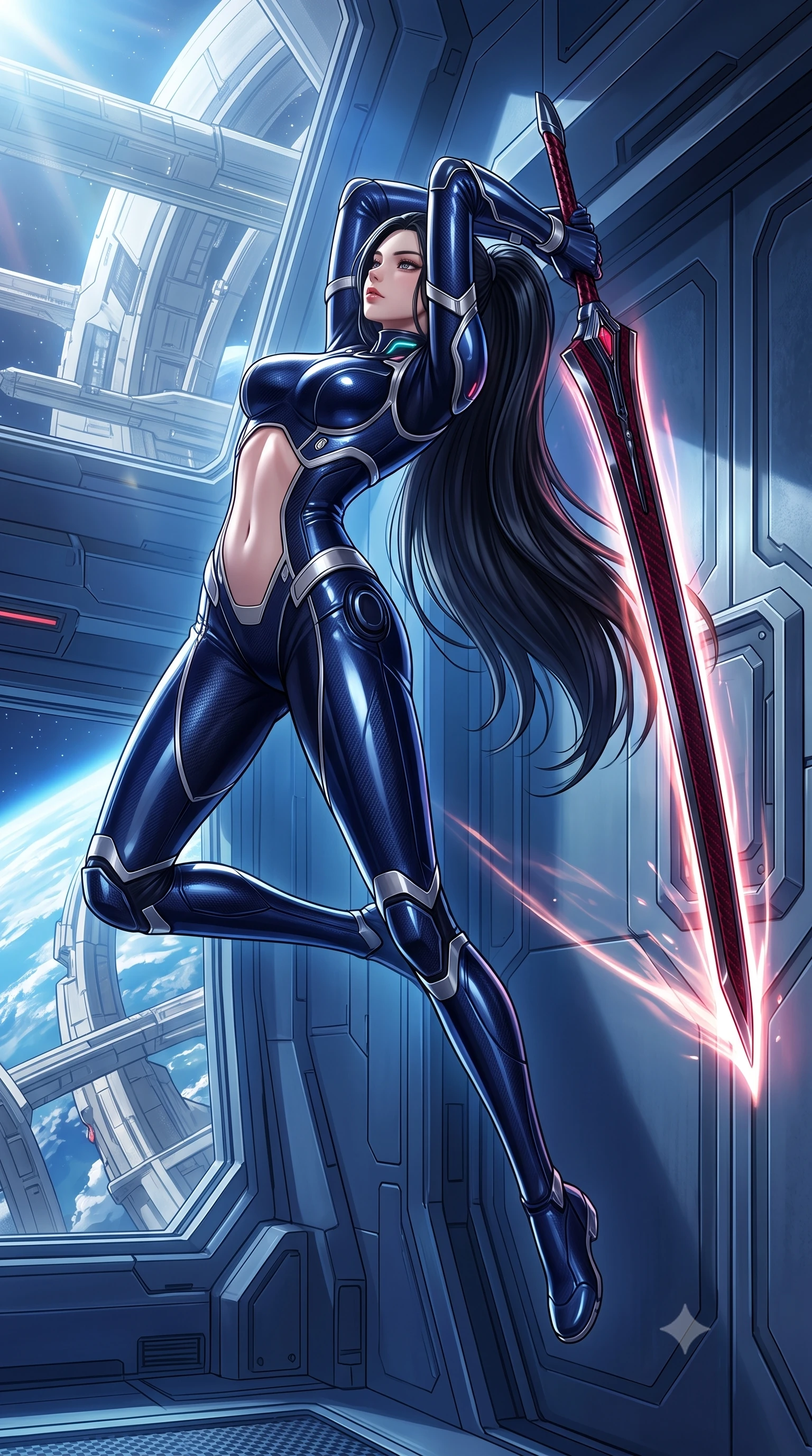 score_9, masterpiece, best quality, ultra-detailed, high-budget anime keyframe, semi-realistic 3D game render, editorial fashion photography, tasteful artistic composition, Korean woman. low angle full-body shot from head to toe showing her feet, filling the entire 9:16 vertical frame with her statuesque presence, stretching her vertical silhouette. arching her back gracefully in mid-air during a dynamic combat vault, her weapon energy trail framing her statuesque presence while leaning against a heavy titanium blast door with her slender railgun rested against her shoulder with divine confidence. The surrounding environment is rendered in vivid detail and crisp panoramic clarity. dramatic space chiaroscuro and grand orbital engineering captured with environmental precision. She has an absolutely perfect, statuesque 8.5-heads proportion, an exceptionally tall and slender model-like female figure with impossibly long slender legs, a toned flat midriff, and an ultra-slim waist. sharp v-shaped jawline, high-bridge nose, intricate jewel-like eyes with depth, thick eyelashes, glossy lips with a natural sheen, flawlessly proportioned anatomical accuracy, strict slender model proportions, natural body alignment, perfectly sculpted long slender limbs, ultra-slim waistline, clean dynamic posture without body distortion. wearing a statuesque midnight cobalt carbon-fiber armor-suit with platinum trim and an ultra-slim waistline, resting a massive sleek high-frequency anti-material greatsword across her shoulder in deep crimson carbon weave with specular dark chrome accents, formed from high-gloss patent carbon-plating with specular chiaroscuro reflections, featuring a sleek aerodynamic collar framed by subtle glowing cybernetic status LEDs, the liquid-tight tailored fabric emphasizing every curve of her tall, slender model proportions and sculptured silhouette during dynamic movement. bathed in dazzling natural orbital sunlight and rich blue planetary ambient bounce light. rich saturated anime colors with glowing neon highlights, detailed shading with soft gradients, rich glossy textures, high-contrast stereoscopic depth, volumetric dynamic lighting, master piece, 9:16 ratio