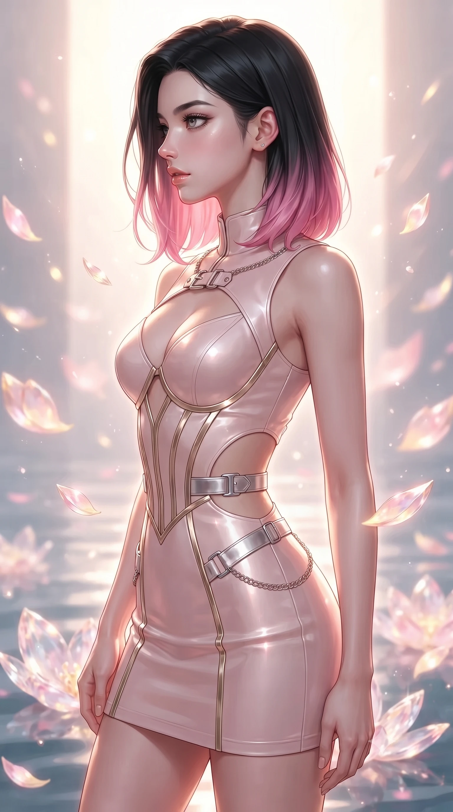 score_9, masterpiece, best quality, ultra-detailed, high-budget anime keyframe, editorial fashion photography, tasteful artistic composition, Korean woman. close-up cowboy shot from the waist and thighs up, the character dominates the composition, filling the frame with her large presence, background elements kept in soft focus. Turning her face in sharp dramatic profile against the radiant light, navigating a water sanctuary as crystal lotus petals float gracefully in zero gravity, translucent crystal lotus petals scattering soft pink and gold light. She has an exceptionally elegant, slender, and willowy female figure with an ultra-slim waist, a gracefully sculpted slender torso, and a refined silhouette. sharp v-shaped jawline, high-bridge nose, intricate jewel-like eyes with depth, thick eyelashes, glossy lips with a natural sheen. wearing architectural cut-out pale pink leather mini dress with sculpted gold boning in radiant platinum, made of polished ivory leather, framed by polished silver buckles and delicate chain details, the fitted fabric emphasizing her ultra-slim waist. surrounded by a gentle glowing aura of crystal lotus light. ultra-reflective glossy finish, specular highlights, metallic sheen, high-contrast stereoscopic depth, volumetric dynamic lighting, 2k, ultra detail, master piece, 9:16 ratio