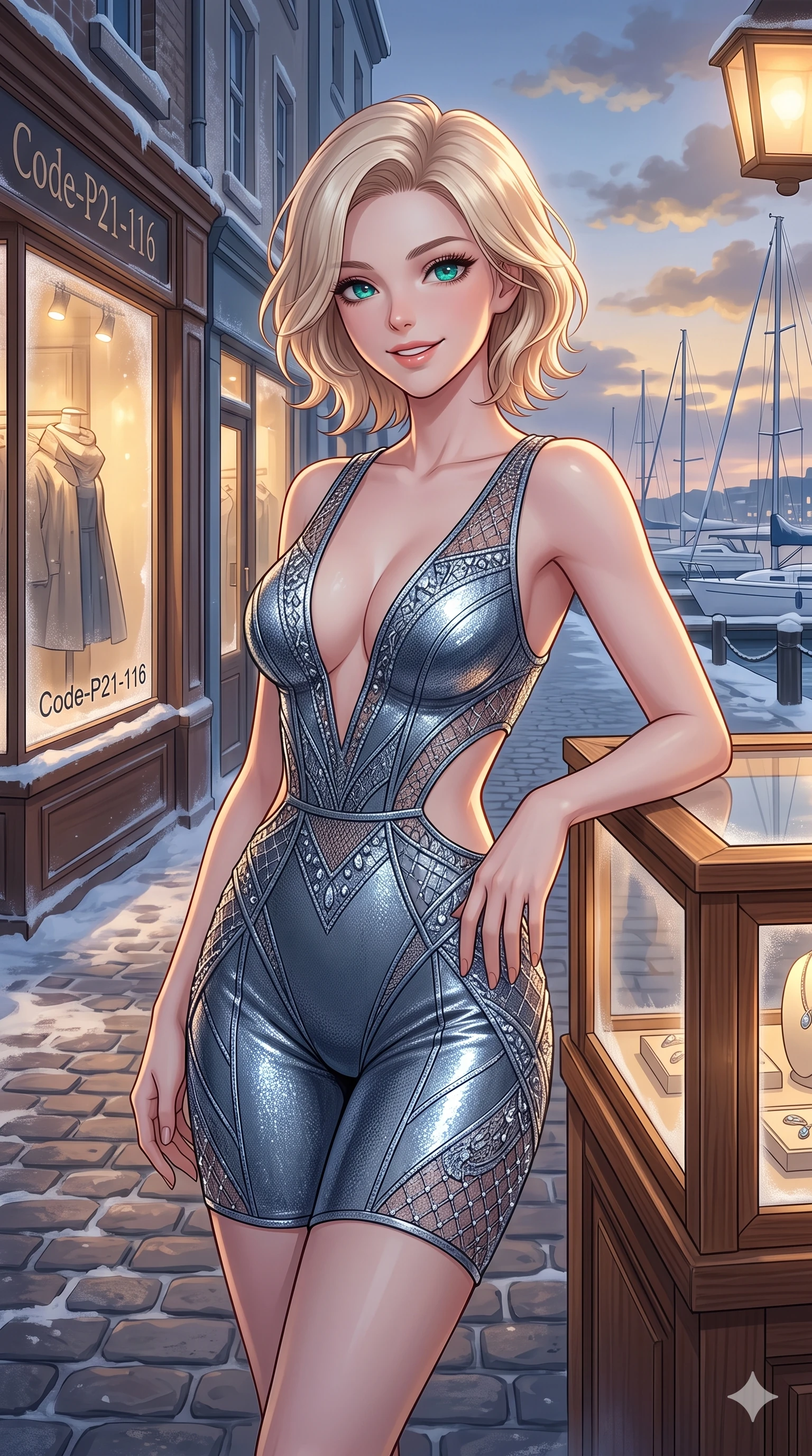 score_9, masterpiece, best quality, ultra-detailed, high-budget anime keyframe, vibrant anime aesthetic, Caucasian woman, strictly human ears. cowboy shot from the thighs up, character and outfit filling the frame for maximum presence. She is leaning against a boutique display, smiling warmly with a playful winter half-smile by a winter harbor promenade with white sailboats (Code-P21-116). She has an absolutely perfect 8-heads proportion, an exceptionally tall and slender female figure with impossibly long slender legs and an ultra-slim waist. V-shaped jawline, high-bridge nose, intricate jewel-like eyes with depth, thick eyelashes, glossy lips with a natural sheen. wearing a metallic bodysuit with exposed waist and plunging neck in winter. She is soft golden twilight glow mixed with warm cabin lights, tracing her eyelashes. 2k, ultra detail, master piece, 9:16 ratio