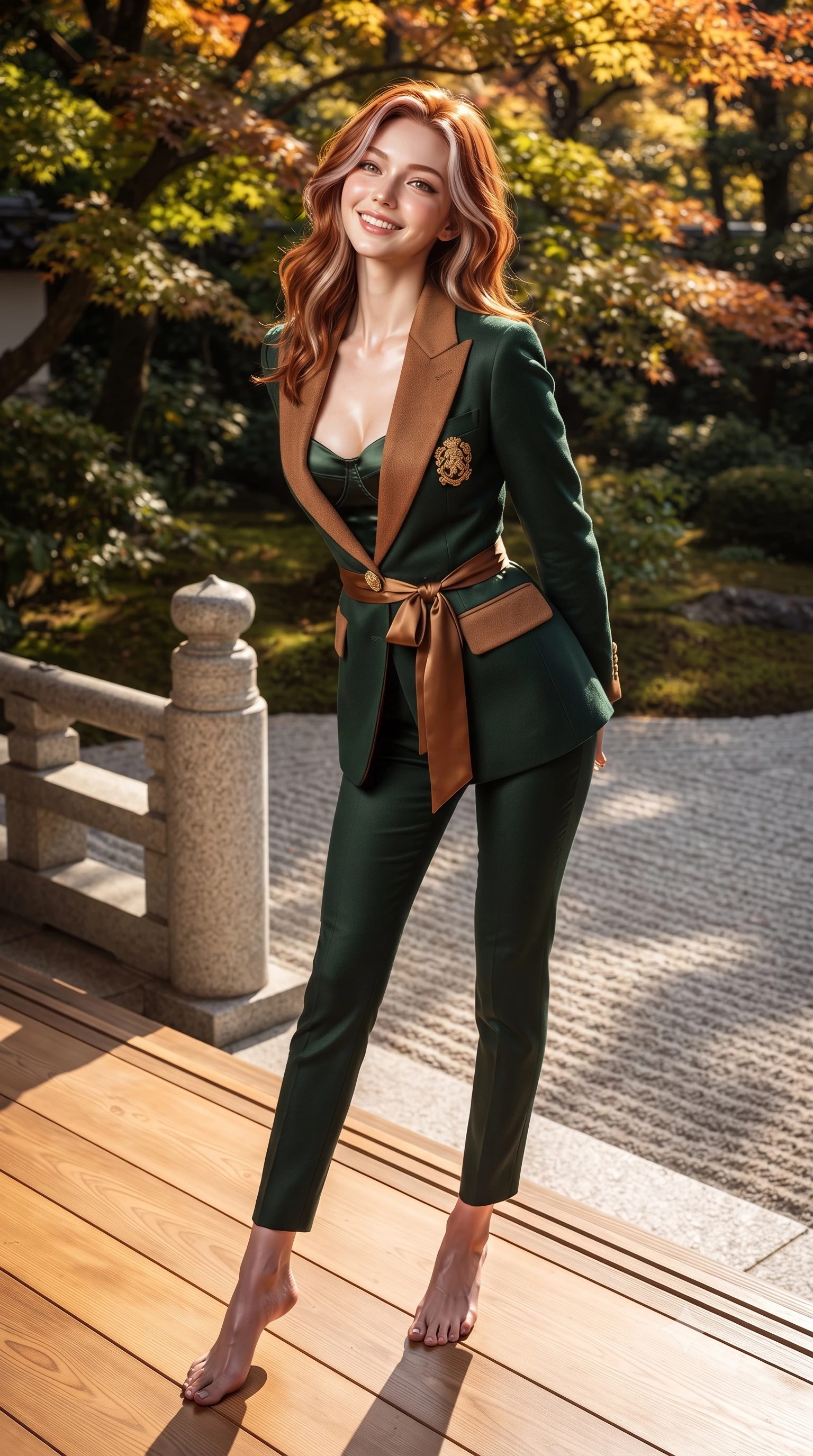 score_9, masterpiece, best quality, ultra-detailed, high-budget anime keyframe, editorial fashion photography, tasteful artistic composition, Caucasian woman. low angle full-body shot from head to toe showing her feet, filling the entire 9:16 vertical frame with her statuesque presence, stretching her vertical silhouette. standing poised beside the classical stone balustrade with one foot slightly forward, arching her lower back with regal supermodel grace while standing poised at the threshold between tatami salon and autumn garden, one hand touching the sliding shoji screen frame with quiet grace. The surrounding environment is rendered in vivid detail and crisp panoramic clarity: sharp fine grain on polished hinoki cypress veranda planks, precise raked lines in granite sand, and maple leaf serrations in deep focus. She has an exceptionally tall and slender model-like 8.5-heads proportion, an ultra-slim waist, a flat toned midriff, narrow delicate ribcage, and beautifully sculpted feminine hips creating a graceful, slim hourglass silhouette without any bulky heaviness, with impossibly long slender legs. sharp v-shaped jawline, high-bridge nose, intricate jewel-like sparkling eyes with depth, thick eyelashes, glossy parted lips with a natural peach sheen, bright cheerful beaming smile with an enchanting and coquettish sensual glint, exuding both youthful cute charm and seductive allure, flawlessly proportioned anatomical accuracy, strict slender model proportions, natural body alignment, perfectly sculpted long slender limbs, ultra-slim waistline, clean dynamic posture without body distortion. wearing a sleek Taisho-modern tailored smoking jacket with a cinched silk sash worn over a body-hugging satin bustier top and fitted slacks in heritage British racing green and warm cognac brown, made of ultra-fine Mongolian cashmere with sleek glove-like elasticity contouring her silhouette, accented with an ornate 24k gold lion-embossed crest button along the snug front closure, the body-conscious tailored knit hugging her sculpted torso and curvaceous hips in a seamless, fluid line that highlights her statuesque model proportions. bathed in filtered golden autumn sunlight dappled through brilliant red and orange maple foliage. ultra-reflective glossy finish, specular highlights, rich textural contrasts, high-contrast stereoscopic depth, volumetric dynamic lighting, 2k, ultra detail, master piece, 9:16 ratio