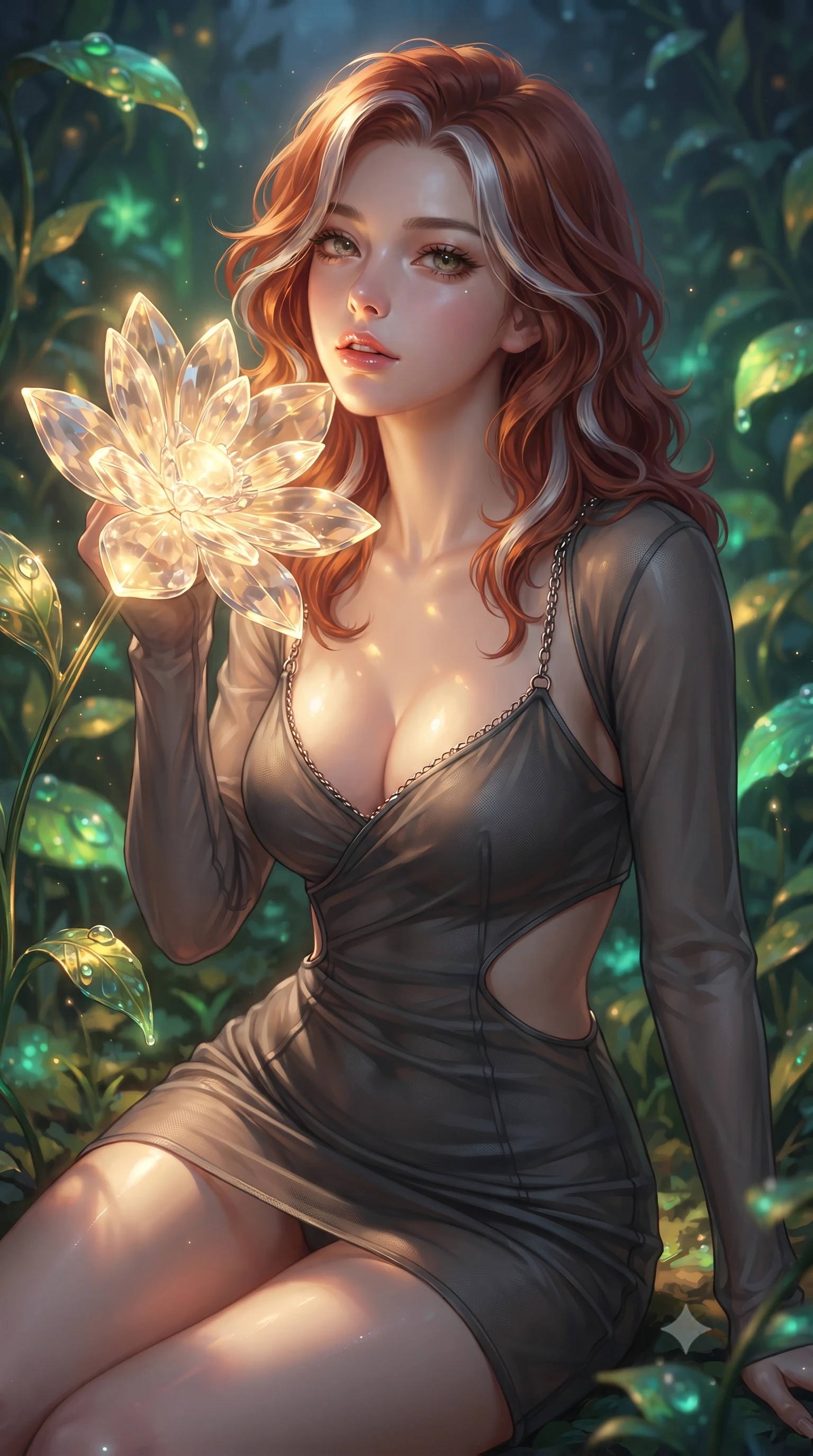 score_9, masterpiece, best quality, ultra-detailed, high-budget anime keyframe, editorial fashion photography, tasteful artistic composition, Caucasian woman. close-up cowboy shot from the waist and thighs up, the character dominates the composition, filling the frame with her large presence, background elements kept in soft focus. Tilting her chin up slightly with lips parted in a magnetic, composed expression resting near a giant solar-powered crystal flower emitting soft warm light, dewdrops on bioluminescent leaves reflecting vibrant emerald and gold. She has an exceptionally elegant, slender, and willowy female figure with an ultra-slim waist, a gracefully sculpted slender torso, and a refined silhouette. sharp v-shaped jawline, high-bridge nose, intricate jewel-like eyes with depth, thick eyelashes, glossy lips with a natural sheen. wearing a dramatic open-waist cutout mini dress framed by sculptural hardware in charcoal grey and platinum, woven from fine semi-opaque sheer organza, adorned with delicate metallic chain straps along the neckline, the glove-like fit emphasizing her statuesque silhouette. bathed in warm golden sunlight and soft emerald bioluminescent glow. ultra-reflective glossy finish, specular highlights, metallic sheen, high-contrast stereoscopic depth, volumetric dynamic lighting, 2k, ultra detail, master piece, 9:16 ratio