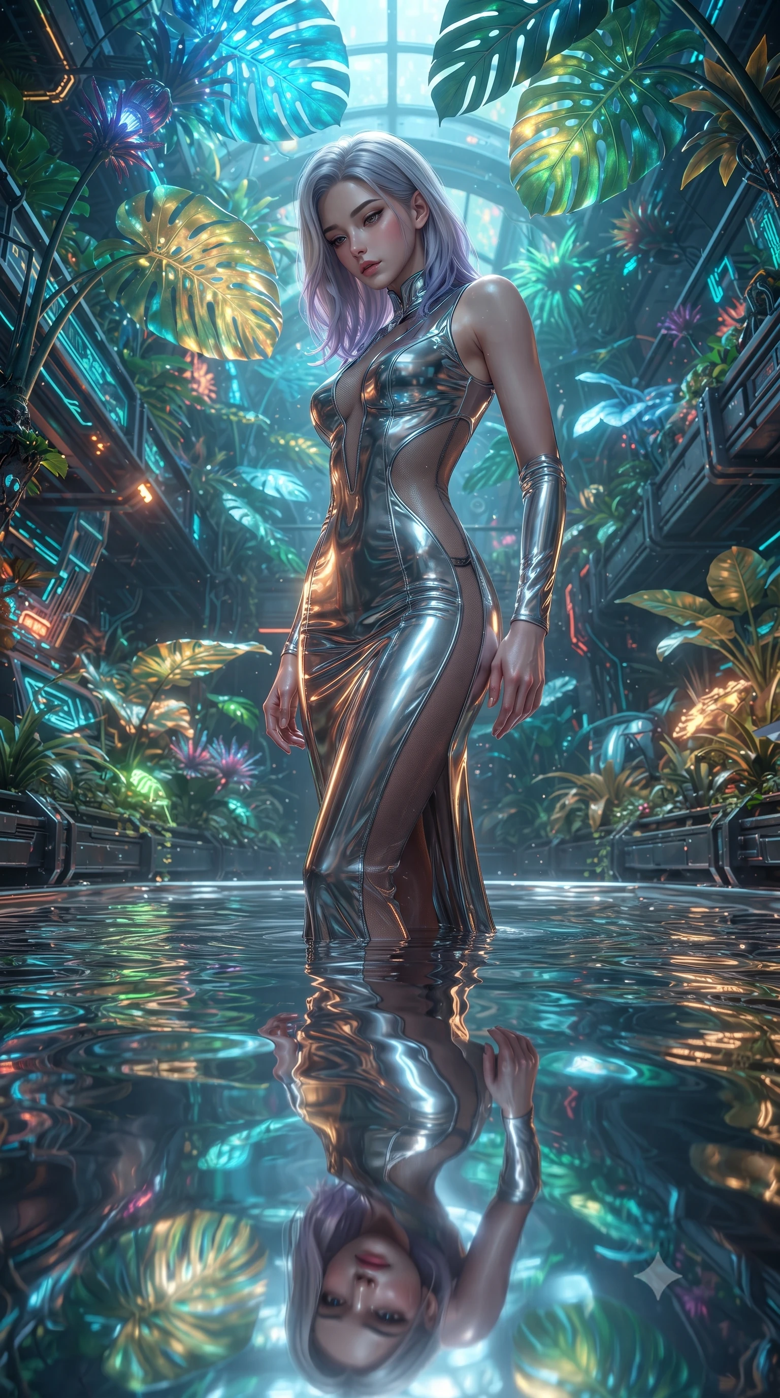 score_9, masterpiece, best quality, ultra-detailed, High-budget Anime Keyframe, editorial fashion photography, tasteful artistic composition, realistic cosplay photography, Caucasian woman, strictly human ears. Low angle cowboy shot filling the entire 9:16 frame with her statuesque presence. Scenario 275: gazing at her reflection in a pool of liquid silver in a cybernetic greenhouse filled with giant glowing tropical leaves. Her presence is magnetic and overpowering in this high-budget cinematic scene. Outfit 275: a tailored molten liquid silk bare with a sheer panels and wet-look texture. The clothing is designed to emphasize her exceptionally tall and slender 8-heads proportion. 8-heads proportion, towering silhouette, ultra-slim waist. sharp v-shaped jawline, intricate jewel-like eyes with depth, thick eyelashes, glossy lips. ultra-reflective glossy finish, specular highlights, metallic sheen, high-contrast stereoscopic depth, volumetric dynamic lighting, 2k, ultra detail, master piece, 9:16 ratio